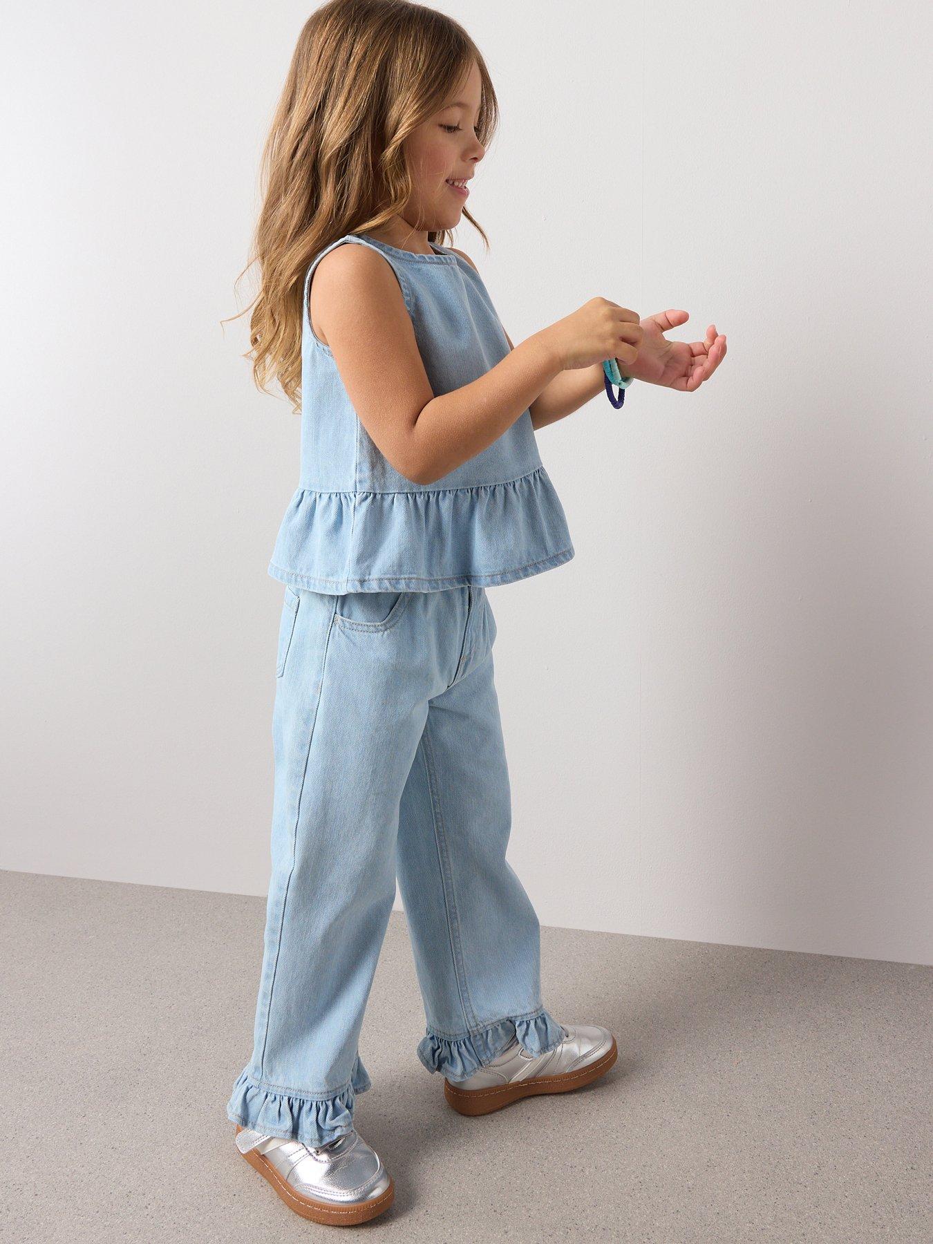 Image 6 of 7 of The Very Collection Girls Denim Culotte Frill Outfit - Light Wash