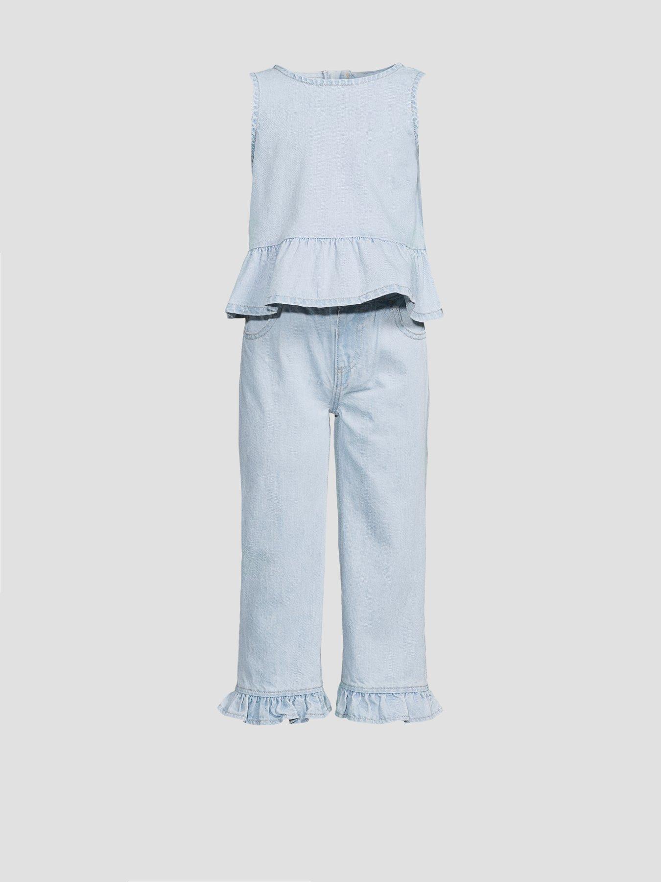 Image 7 of 7 of The Very Collection Girls Denim Culotte Frill Outfit - Light Wash