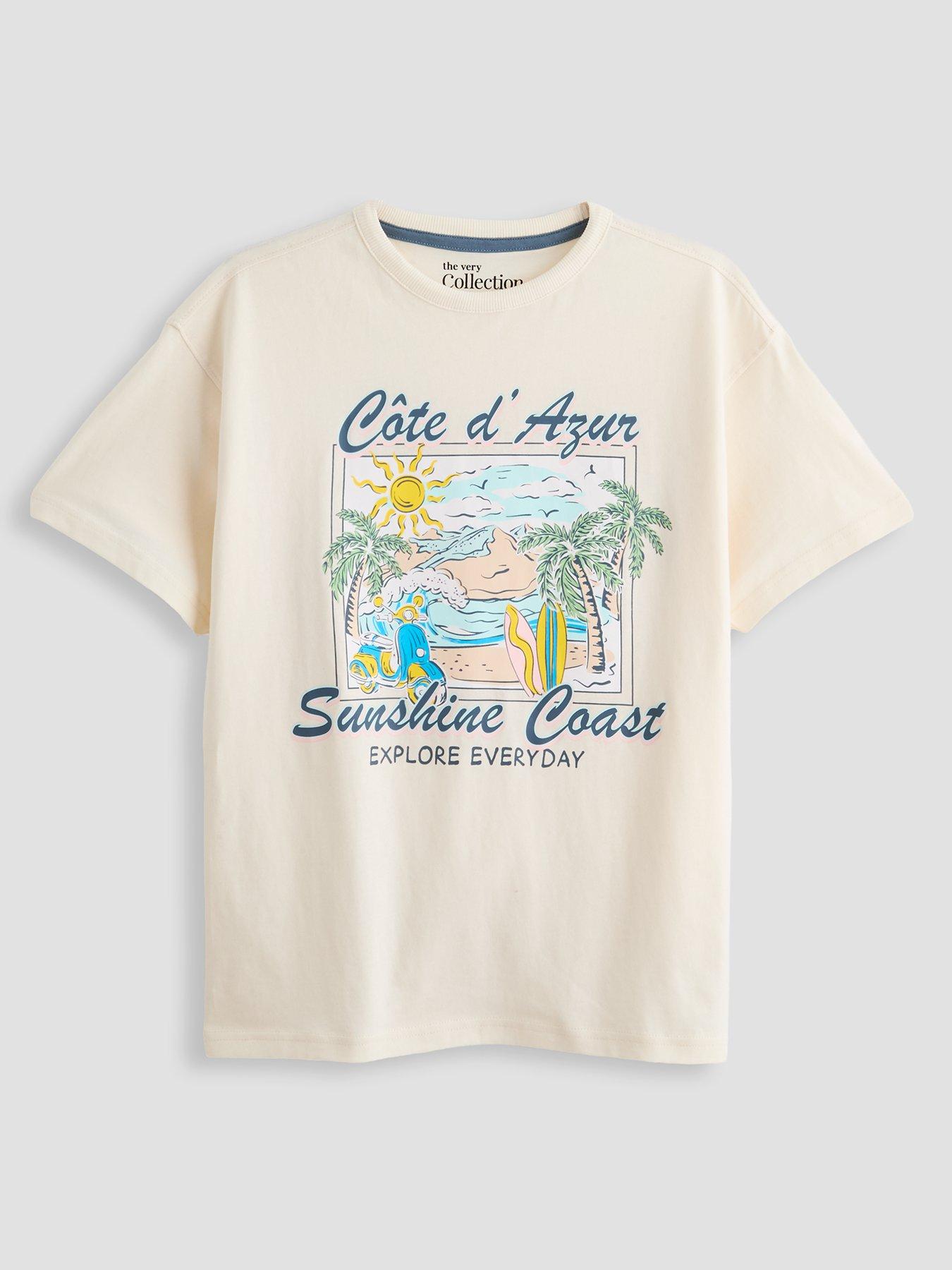 The Very Collection Boys Summer Coast Postcard T-Shirt - Stone Beige