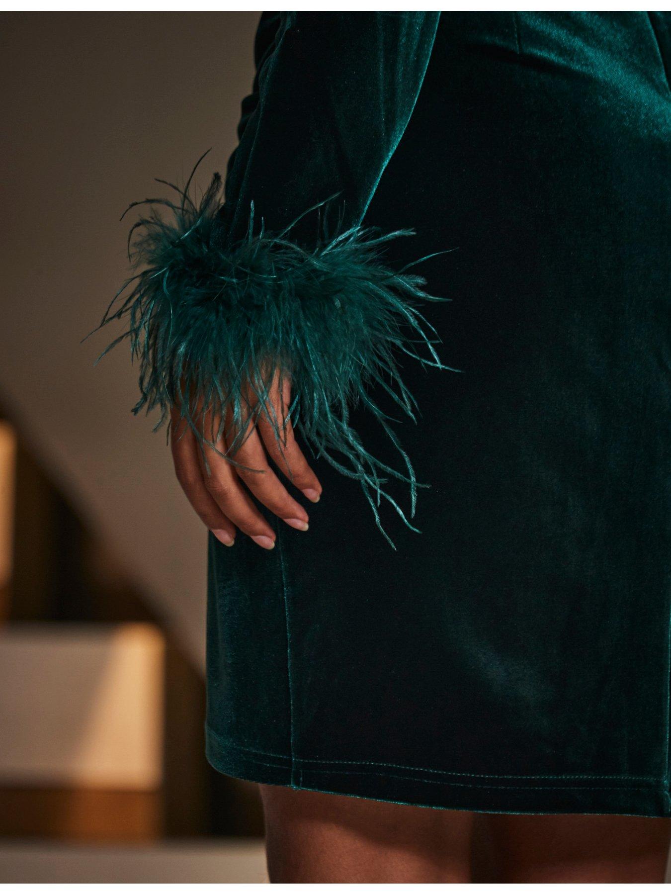 Image 5 of 5 of Sosandar Velvet Feather Cuff Wrap Pencil Dress - Green