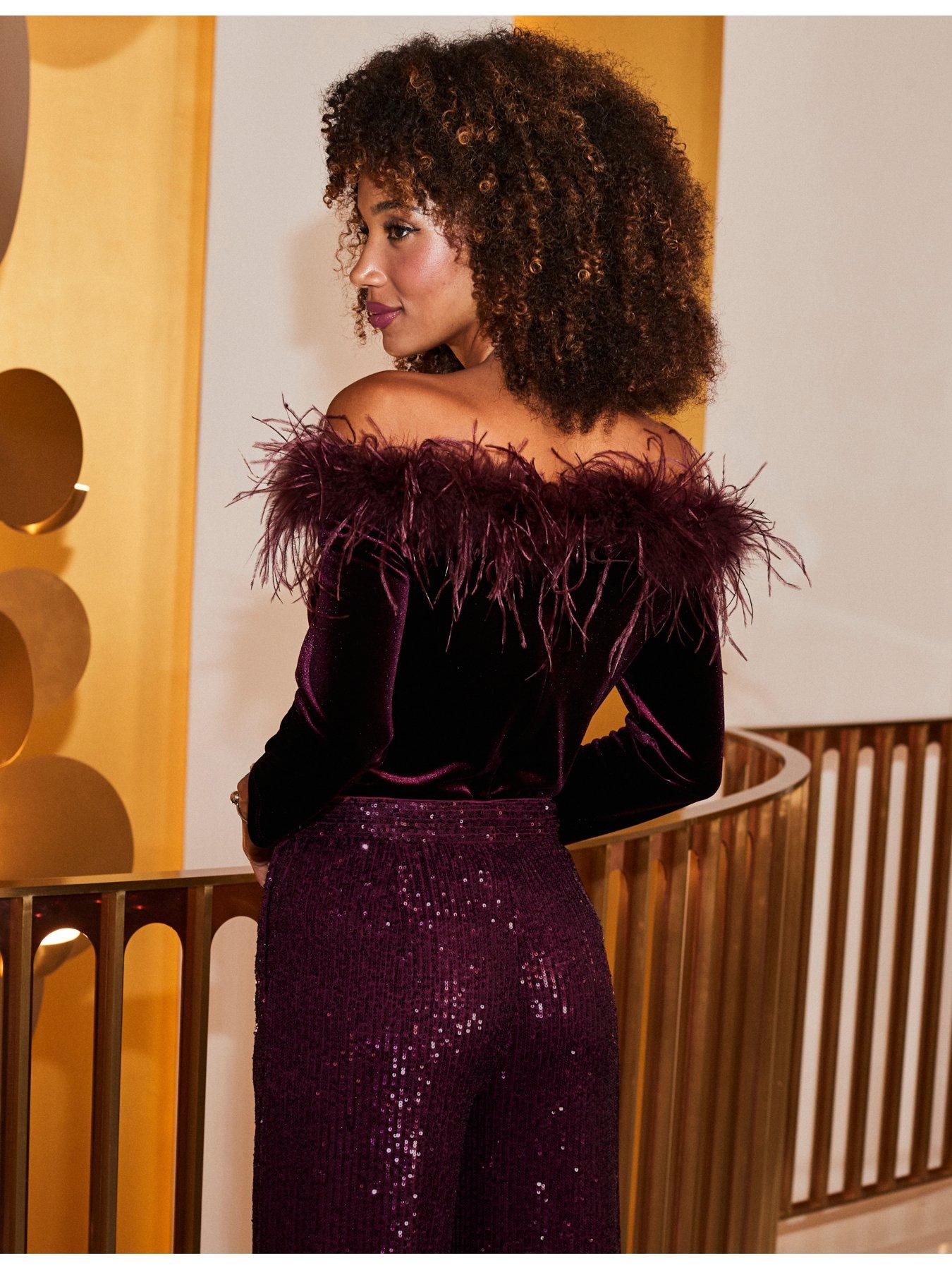 Image 2 of 5 of Sosandar Burgundy Feather Trim Velvet Jumpsuit