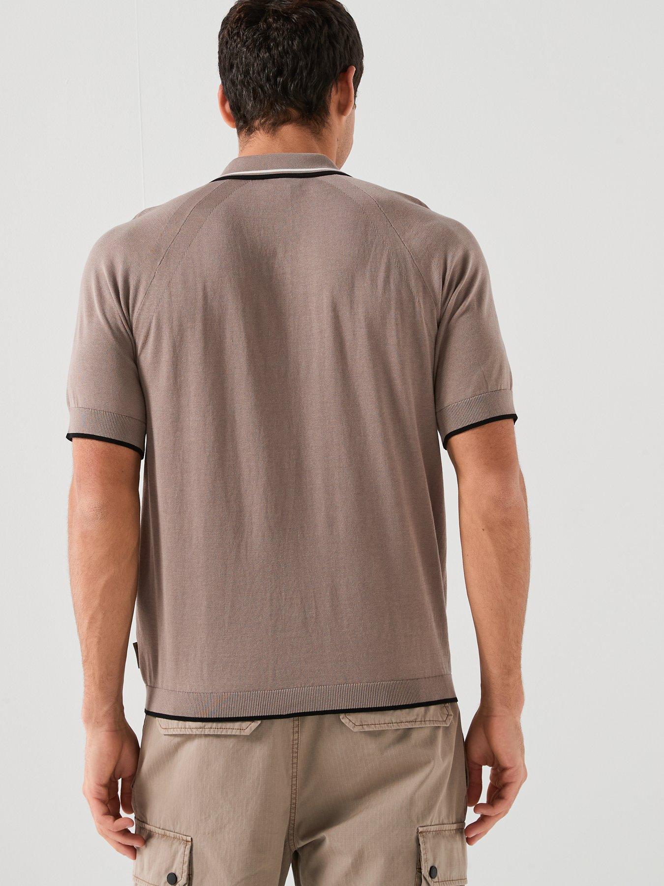 Image 2 of 6 of Armani Exchange Tipped Zip Neck Knitted Polo Shirt - Light Brown