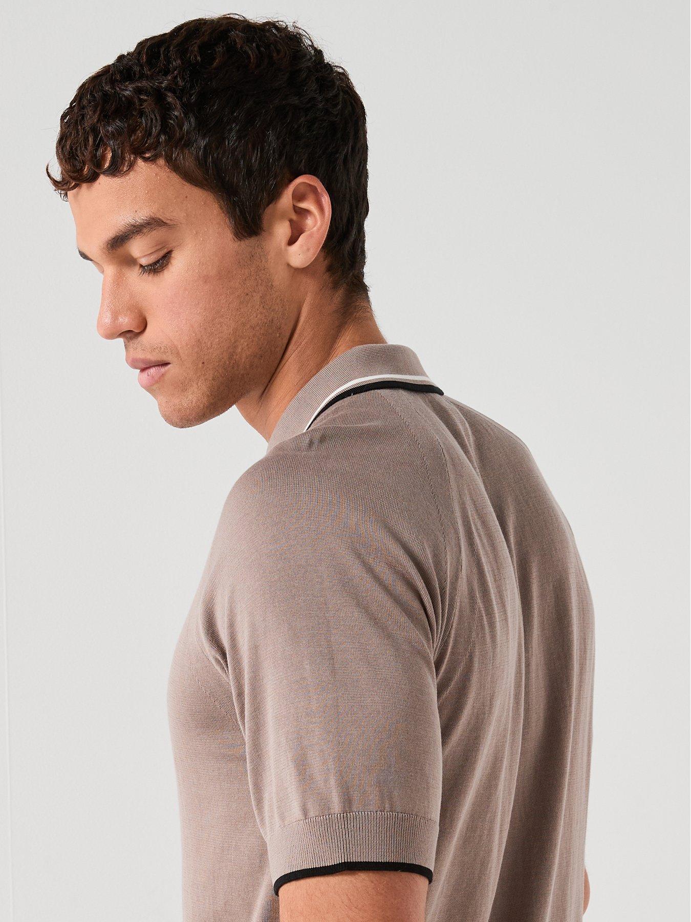 Image 4 of 6 of Armani Exchange Tipped Zip Neck Knitted Polo Shirt - Light Brown