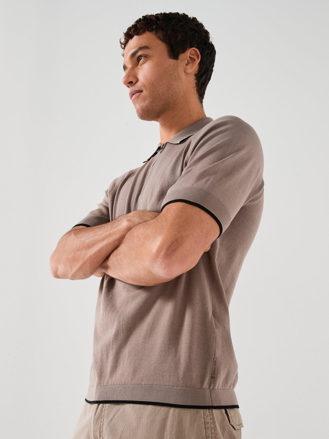 Image 5 of 6 of Armani Exchange Tipped Zip Neck Knitted Polo Shirt - Light Brown