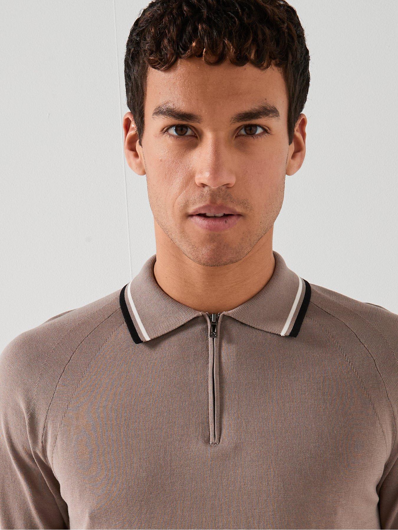 Image 6 of 6 of Armani Exchange Tipped Zip Neck Knitted Polo Shirt - Light Brown