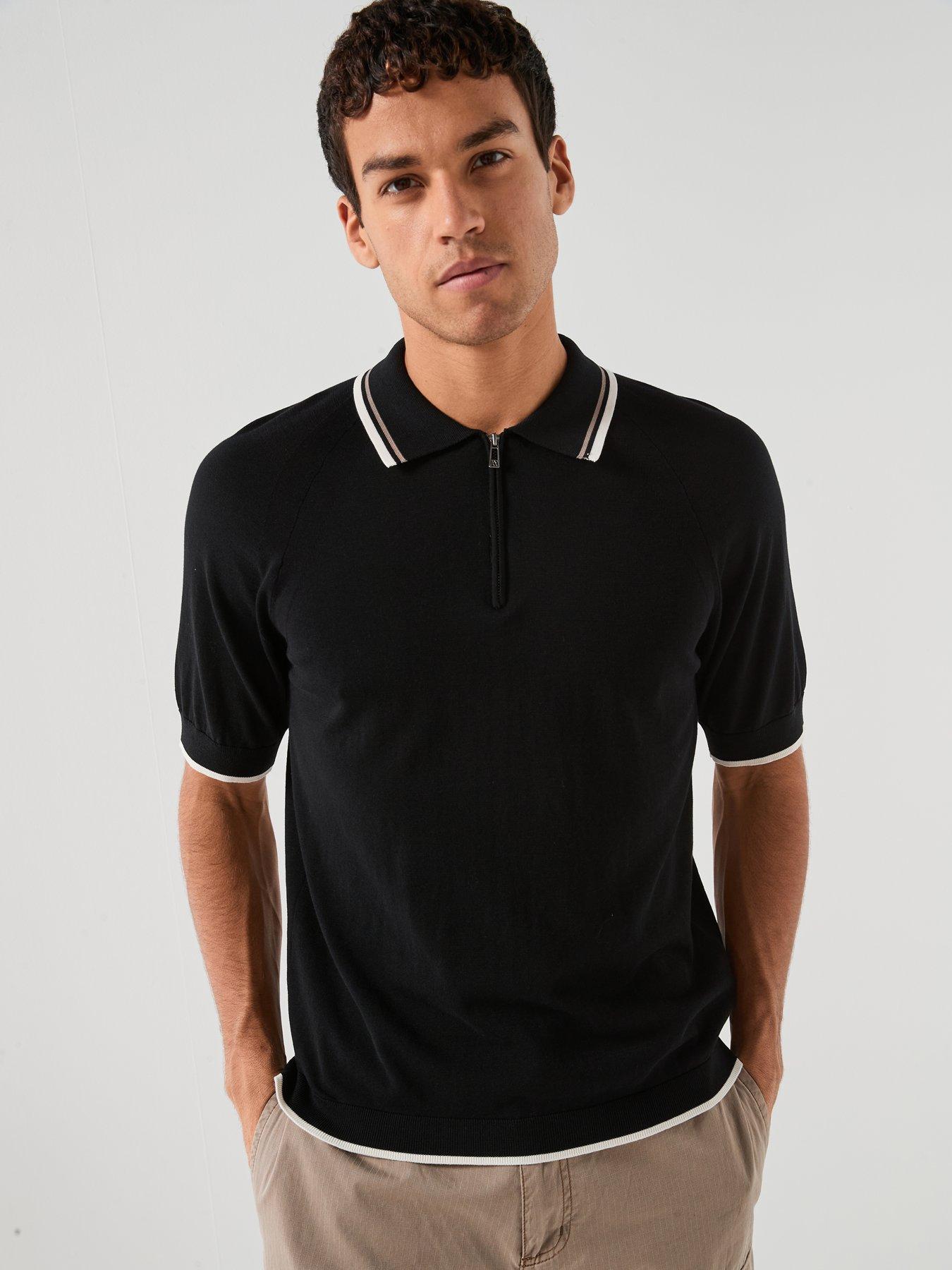 Image 1 of 5 of Armani Exchange Tipped Zip Neck Knitted Polo Shirt - Black