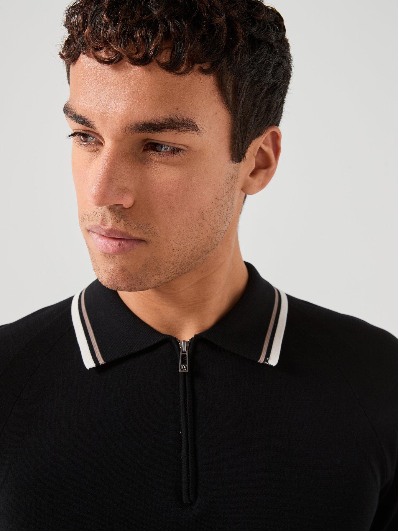 Image 5 of 5 of Armani Exchange Tipped Zip Neck Knitted Polo Shirt - Black