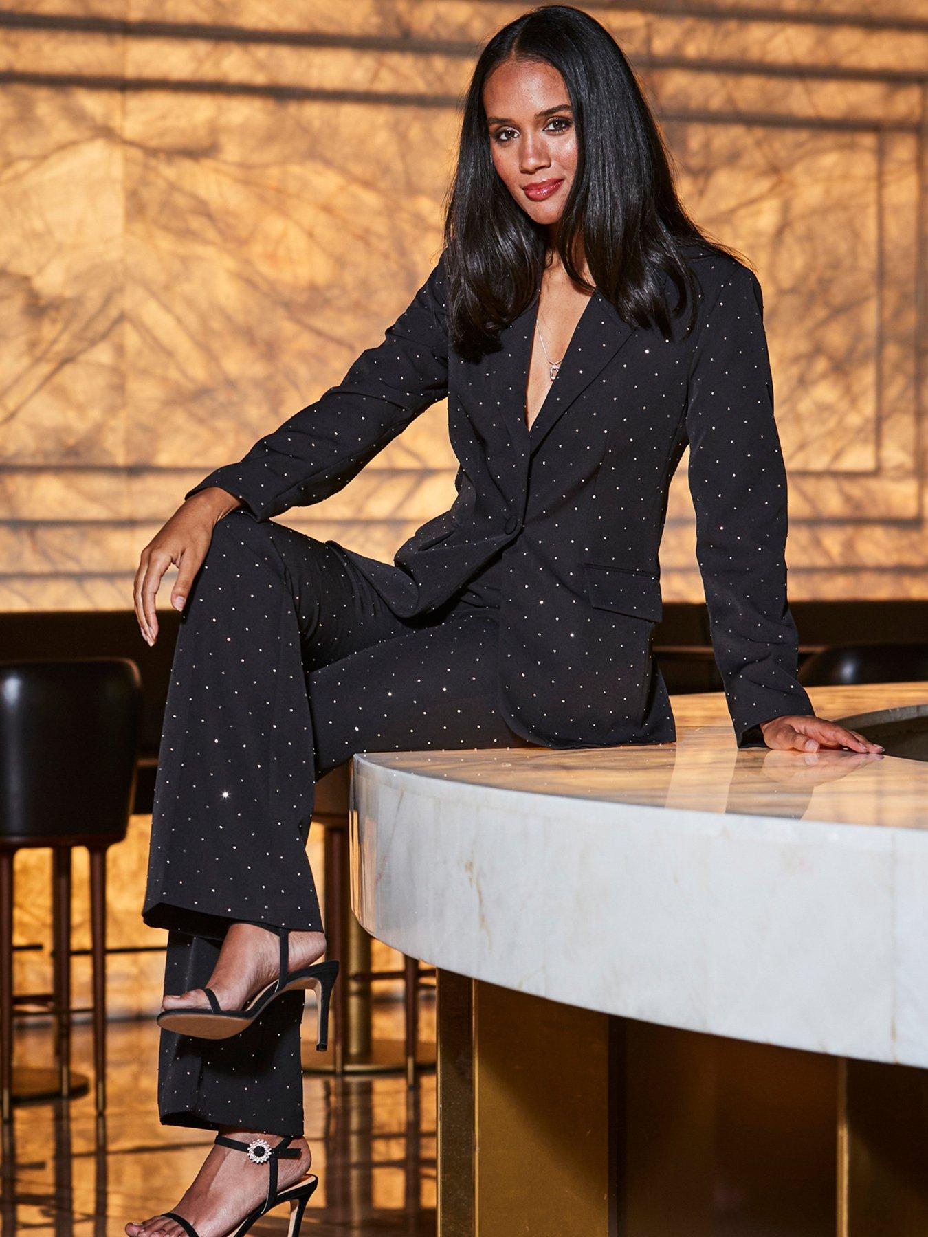 Image 1 of 6 of Sosandar Luxury Sparkling Diamante Stud Blazer - Black