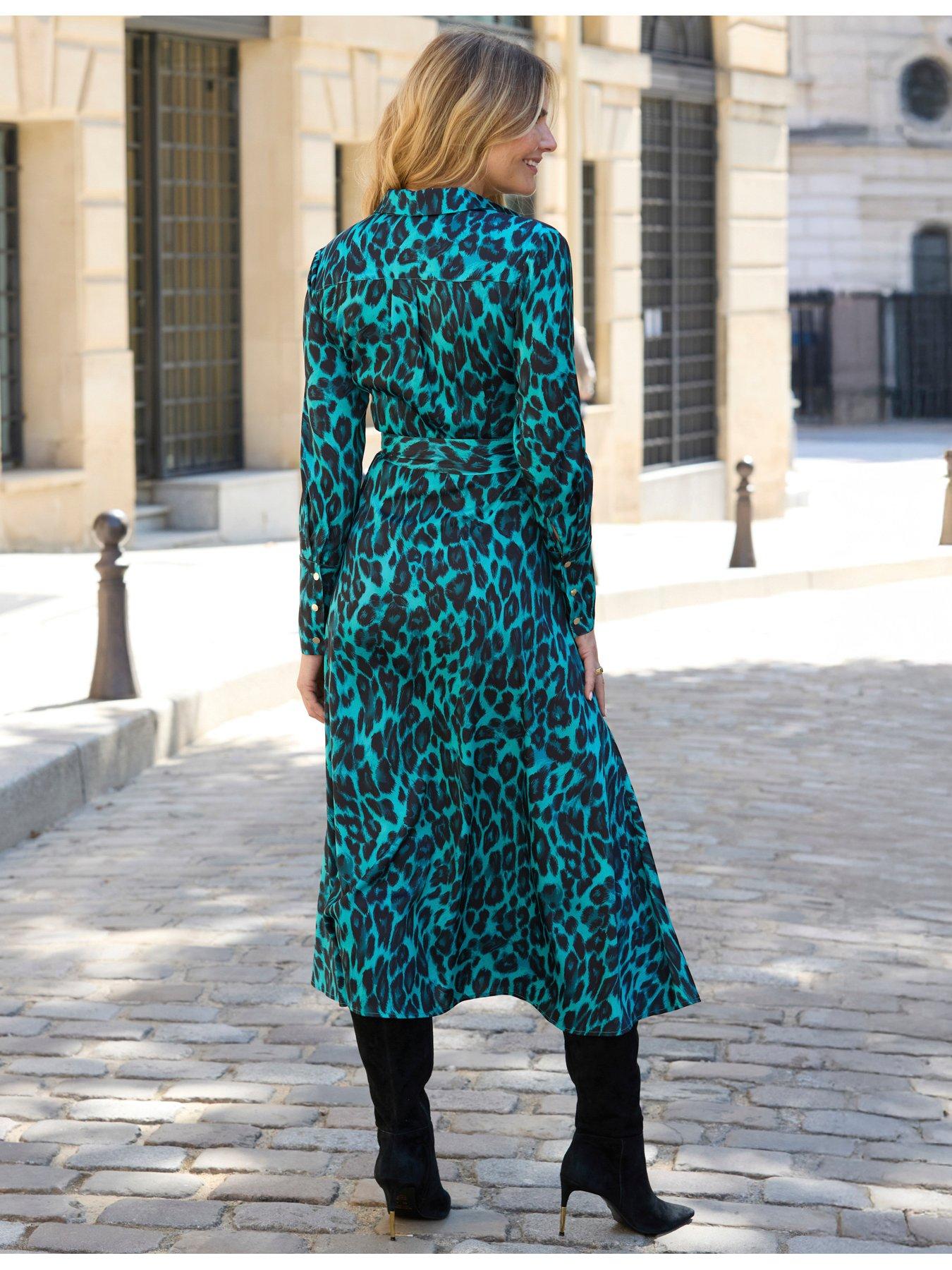 Image 2 of 6 of Sosandar Animal Print Belted Shirt Dress - Green