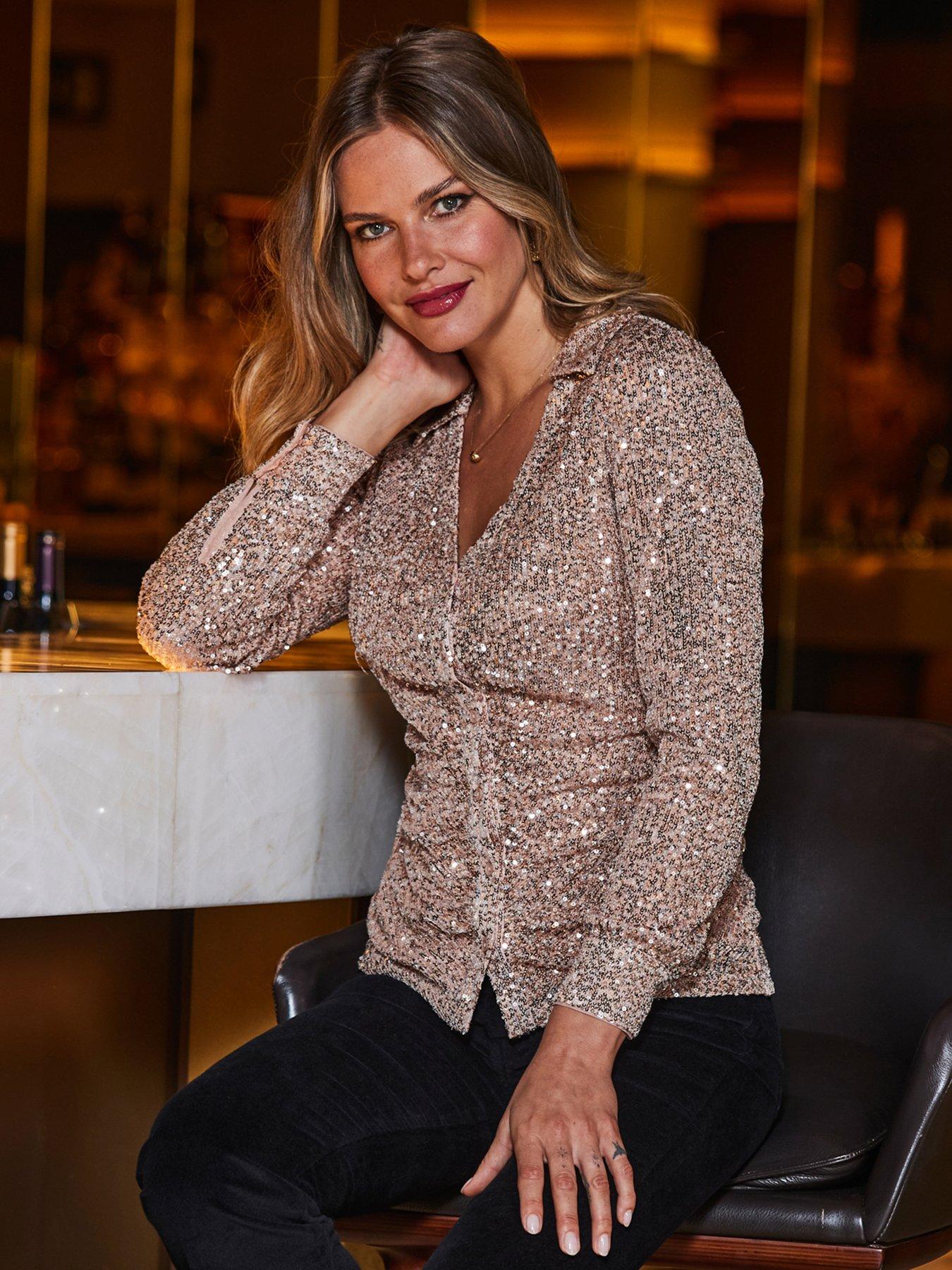 Sosandar Sequin Ruched Front Shirt - Pink