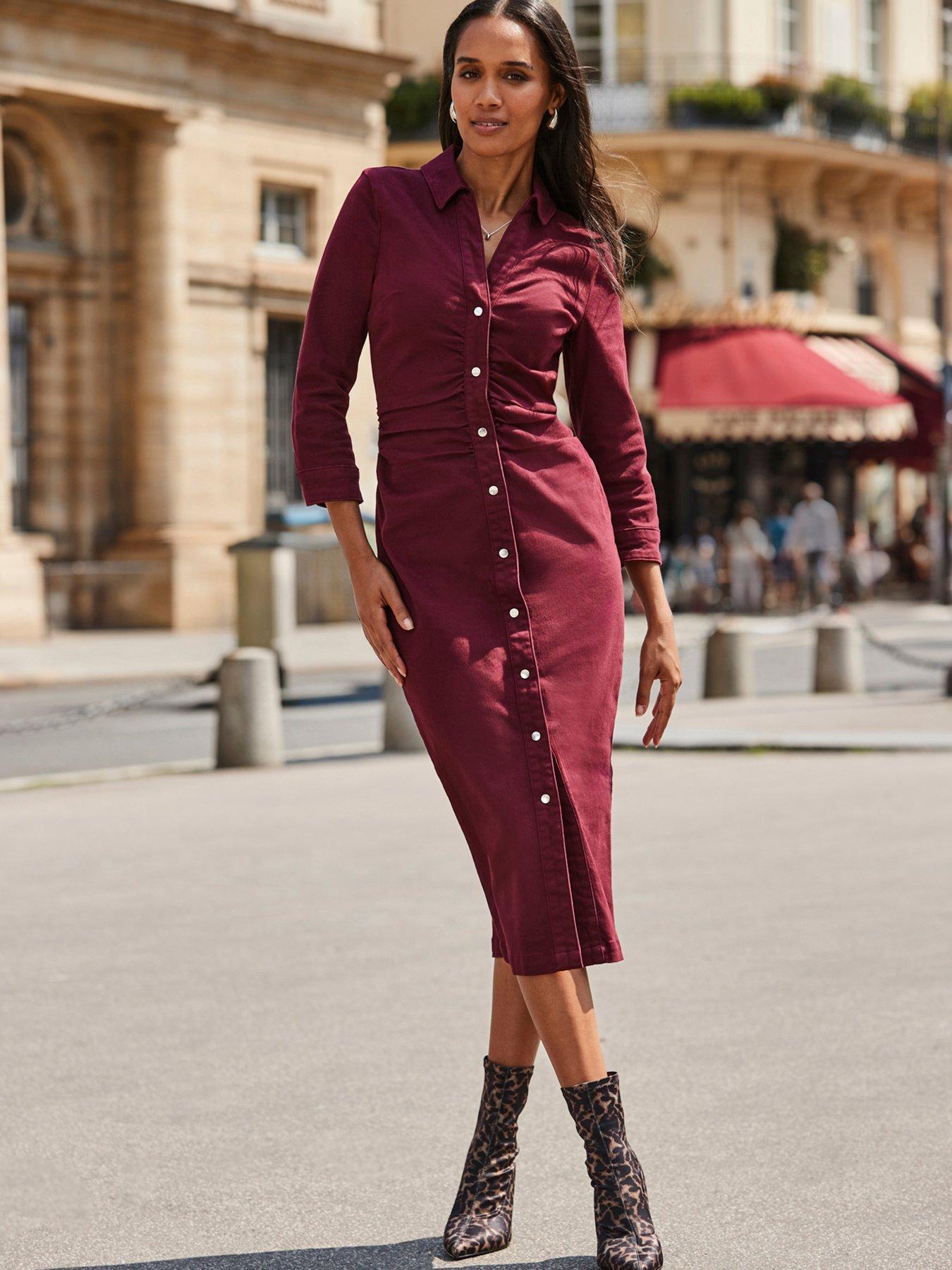 Sosandar Ruched Waist Denim Dress - Red