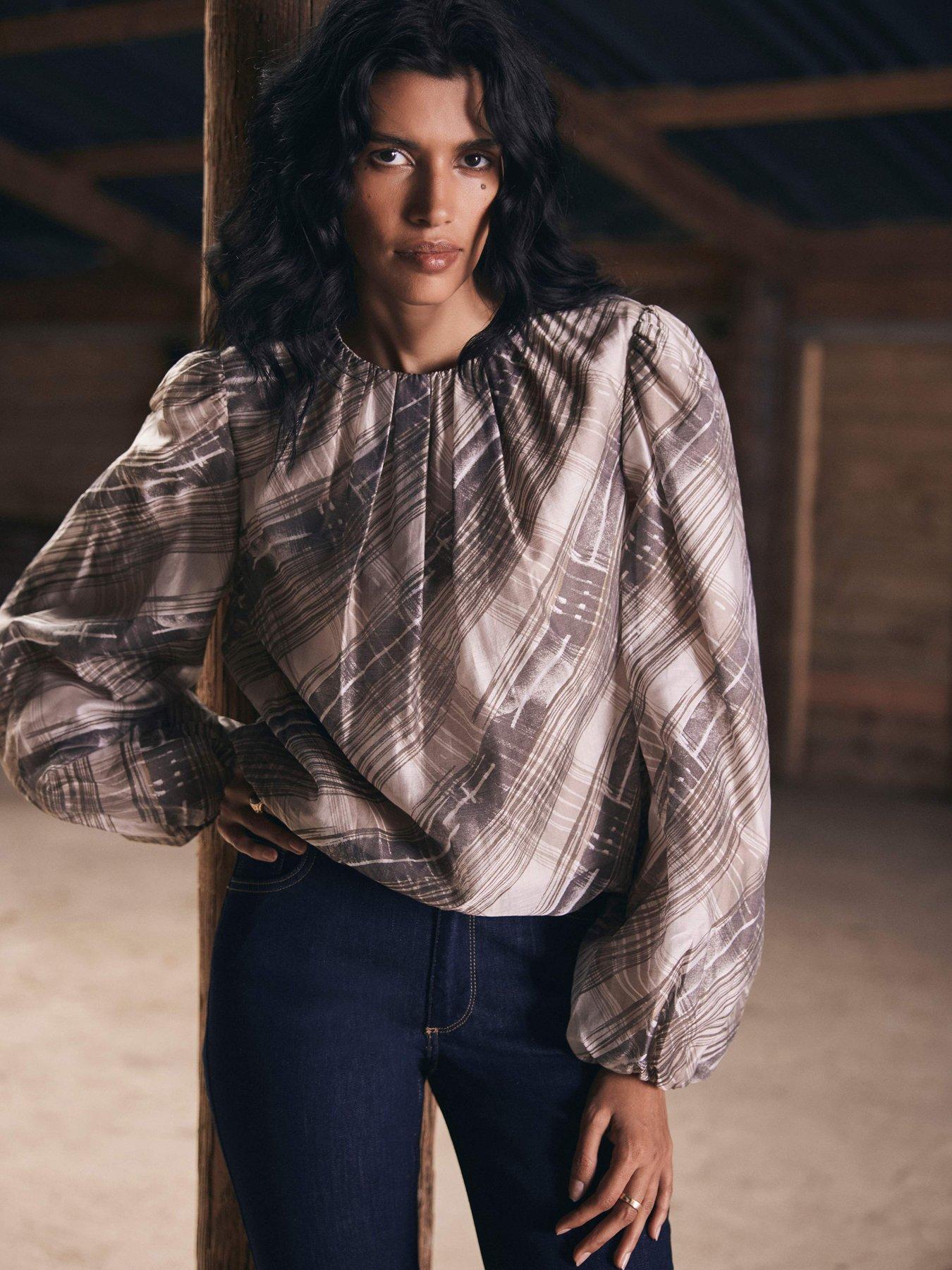 mint-velvet-neutral-check-print-top-brownfront