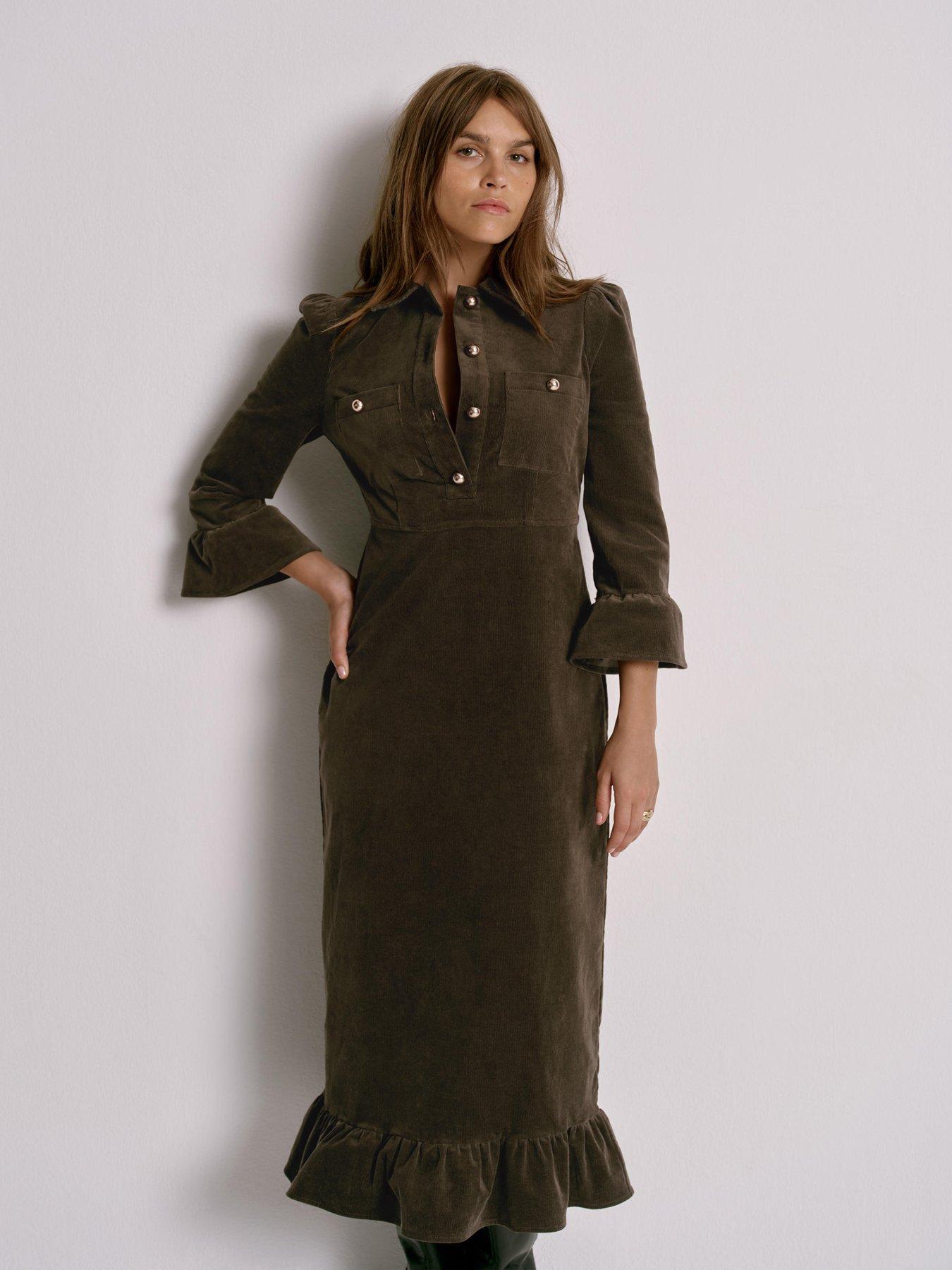 mint-velvet-khaki-cord-midi-dress-greenoutfit