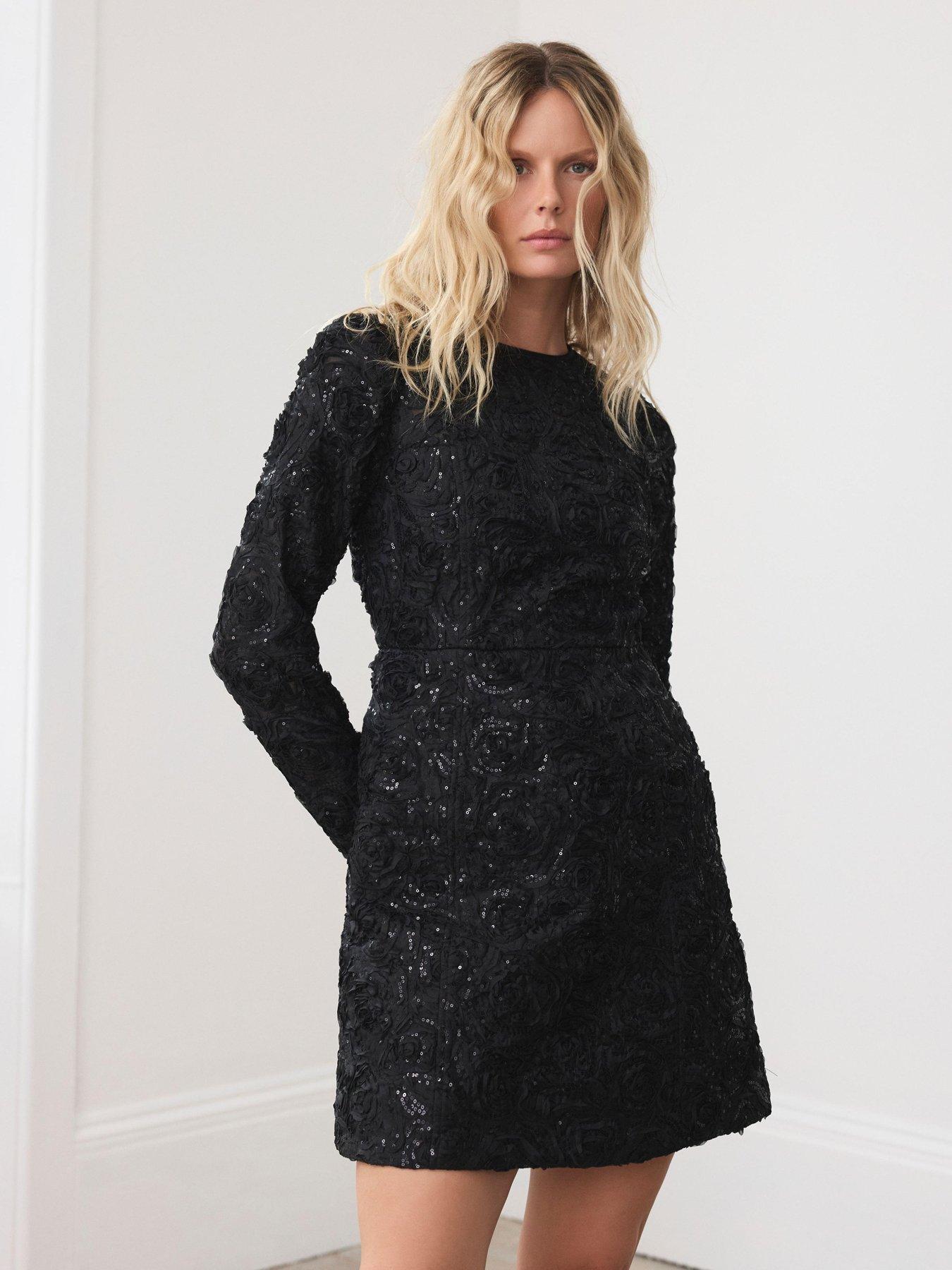 Image 1 of 6 of Mint Velvet Sequin Applique Mini Dress - Black