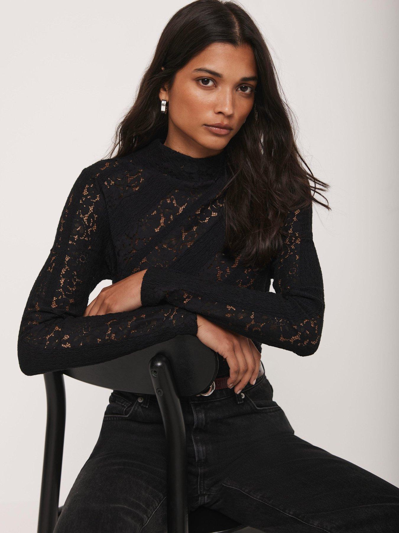 Image 1 of 6 of Mint Velvet Lace High Neck Top - Black