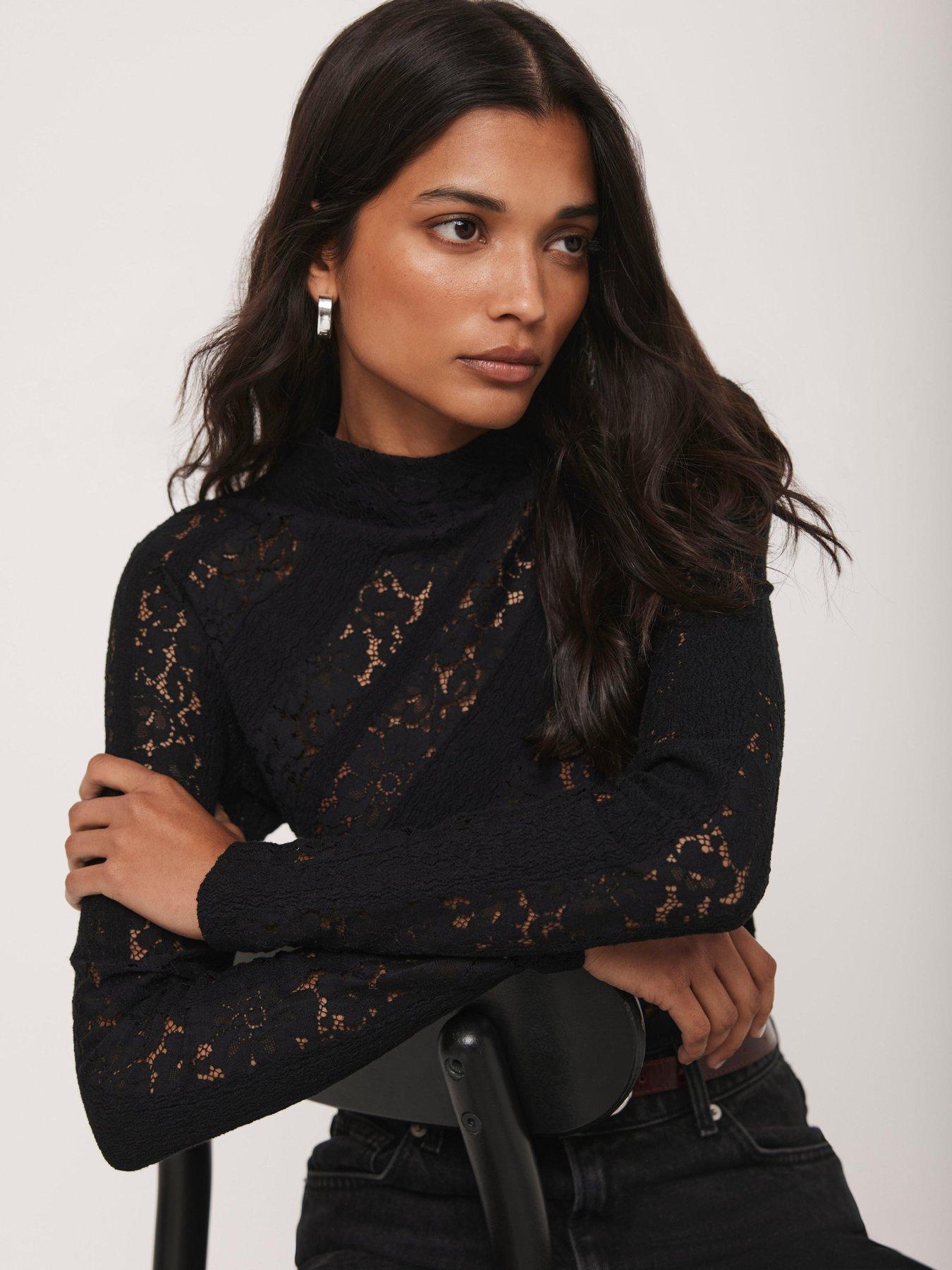 Image 2 of 6 of Mint Velvet Lace High Neck Top - Black