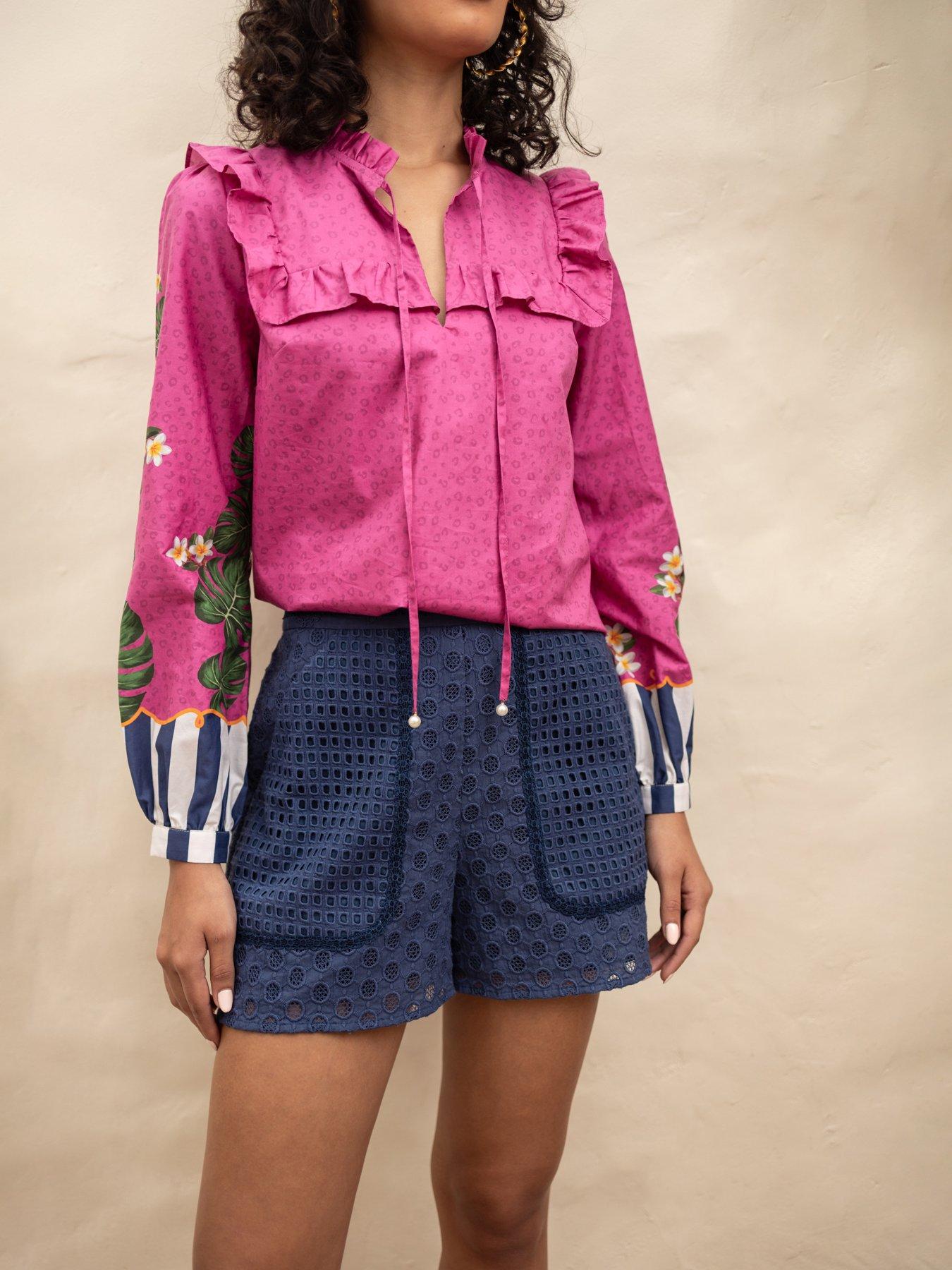 Image 1 of 4 of Emily Lovelock Nova Broderie Anglaise Shorts - Blue