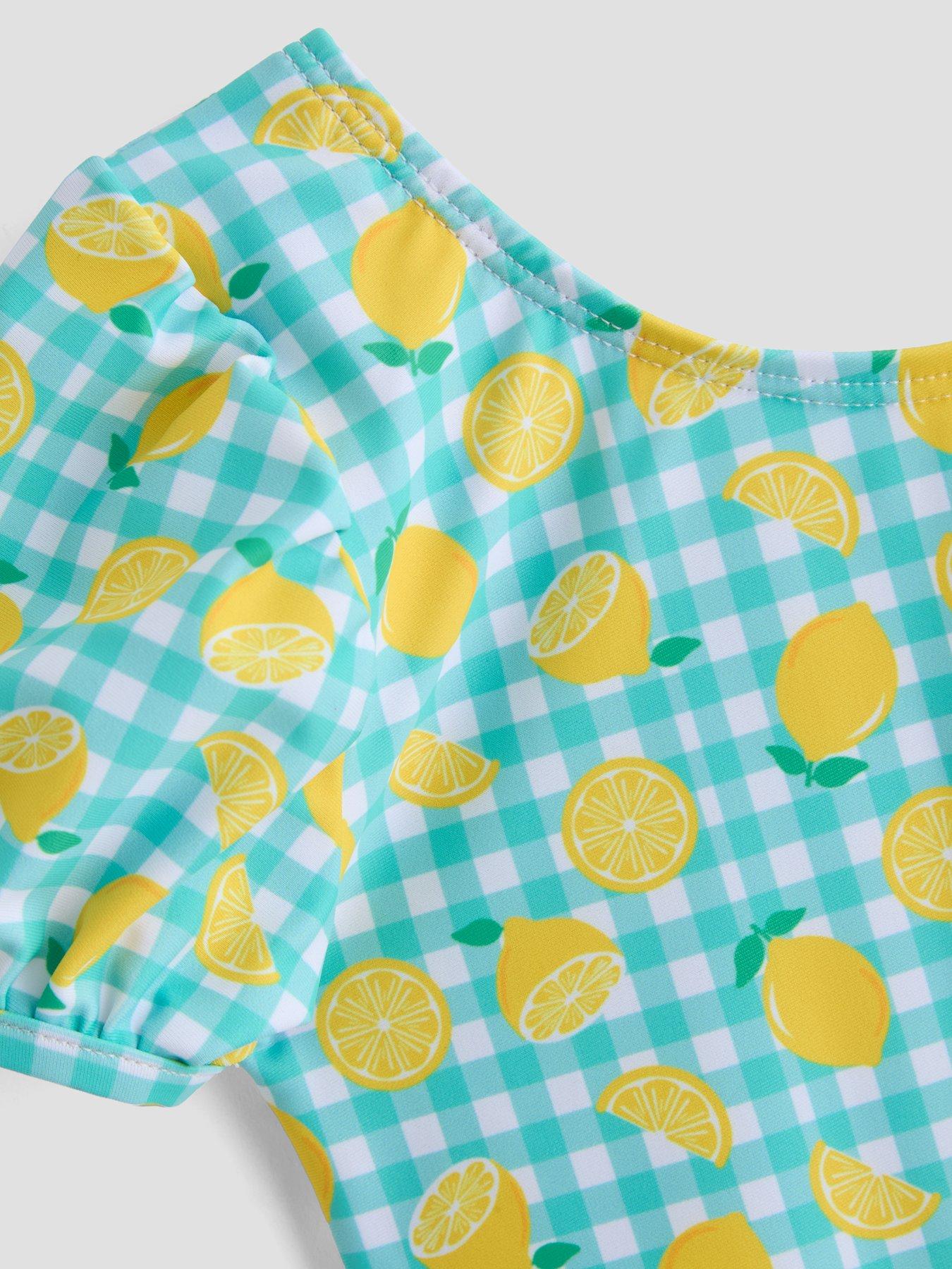 Image 3 of 4 of The Very Collection Gingham Lemon Puff Sleeve Swimsuit - Green