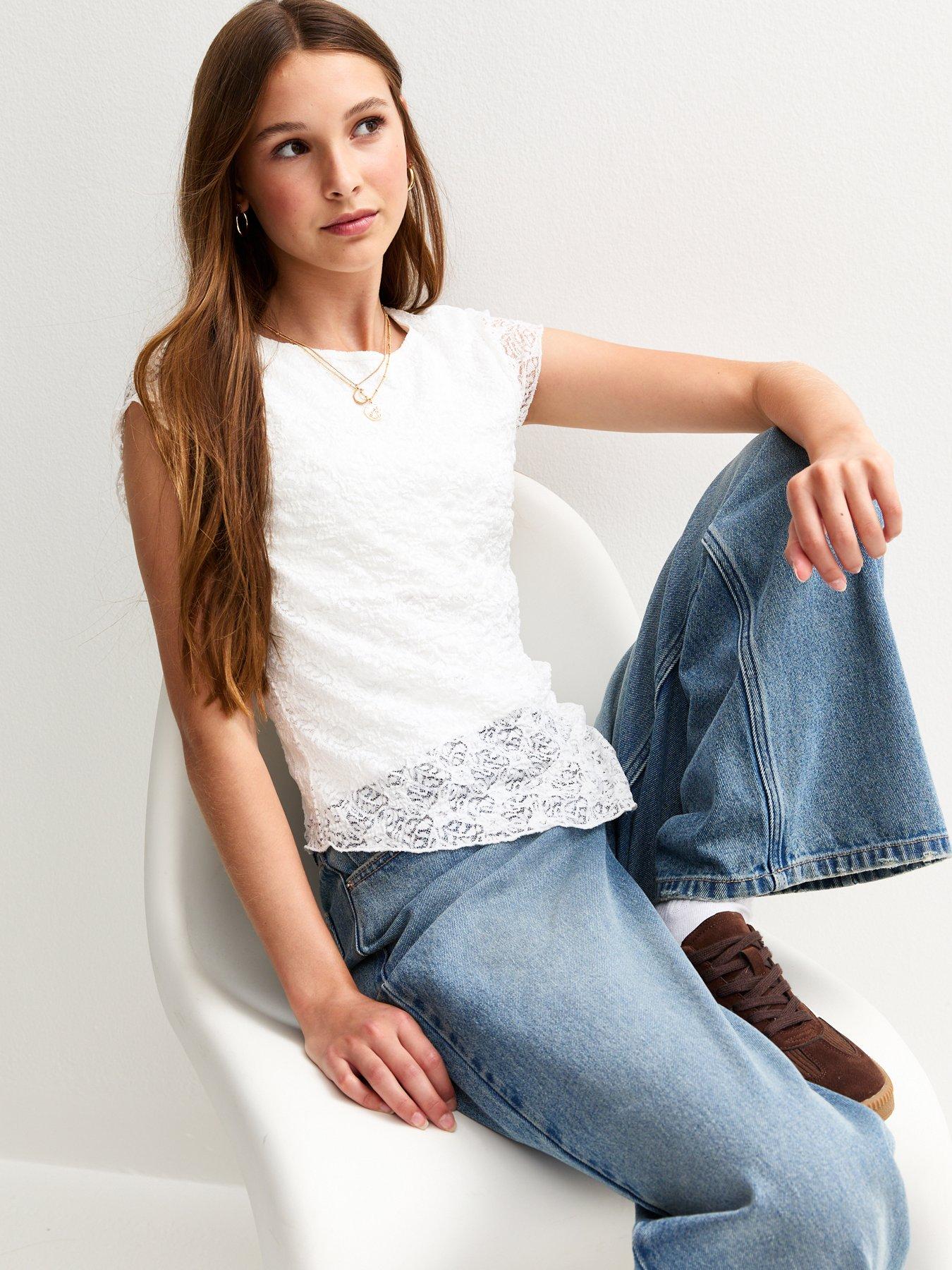 New Look 915 Girls Asymmetric Lace Top - White