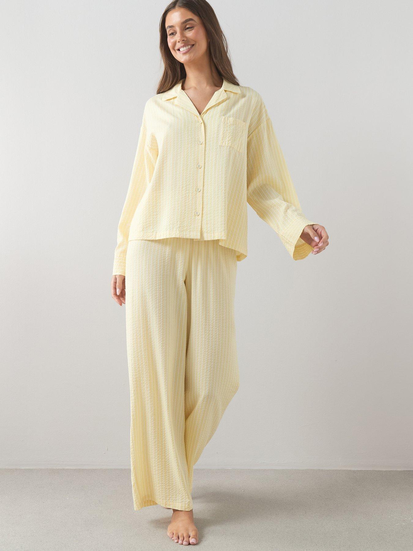 Image 1 of 7 of The Very Collection Woven Stripe Revere Pyjama Set - Yellow