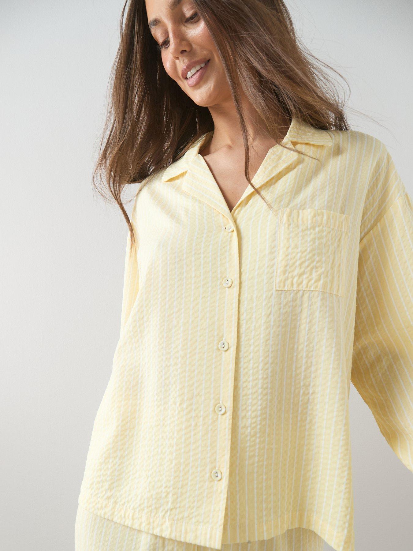 Image 4 of 7 of The Very Collection Woven Stripe Revere Pyjama Set - Yellow
