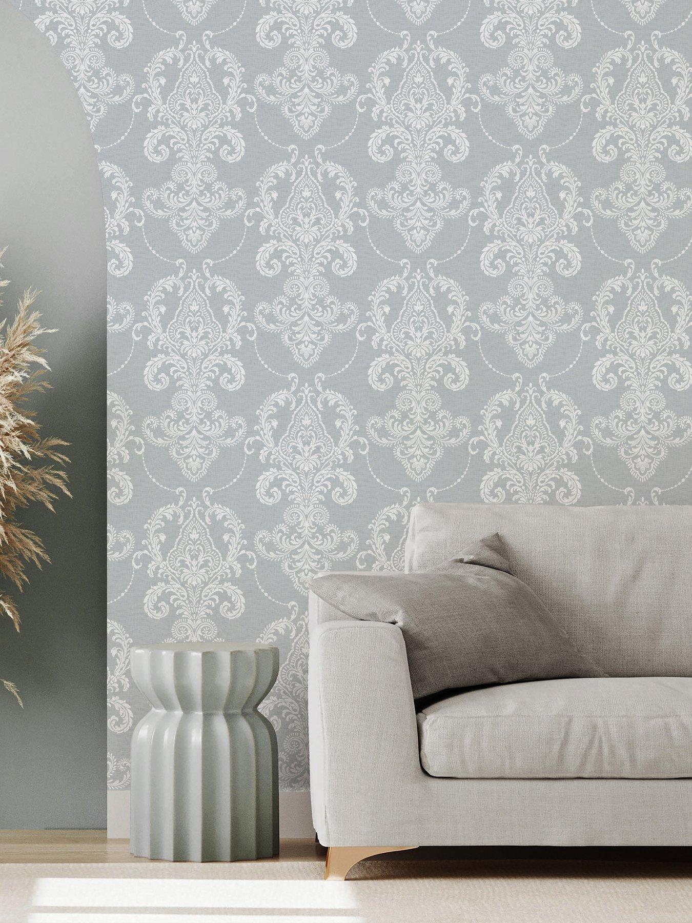 The Very Collection Embroidered Damask Blue Wallpaper