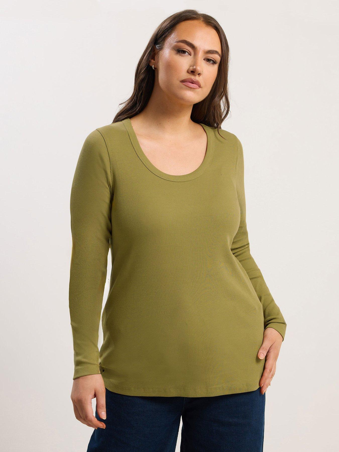 Yours Curve Rib Long Sleeve Scoop Top - Green