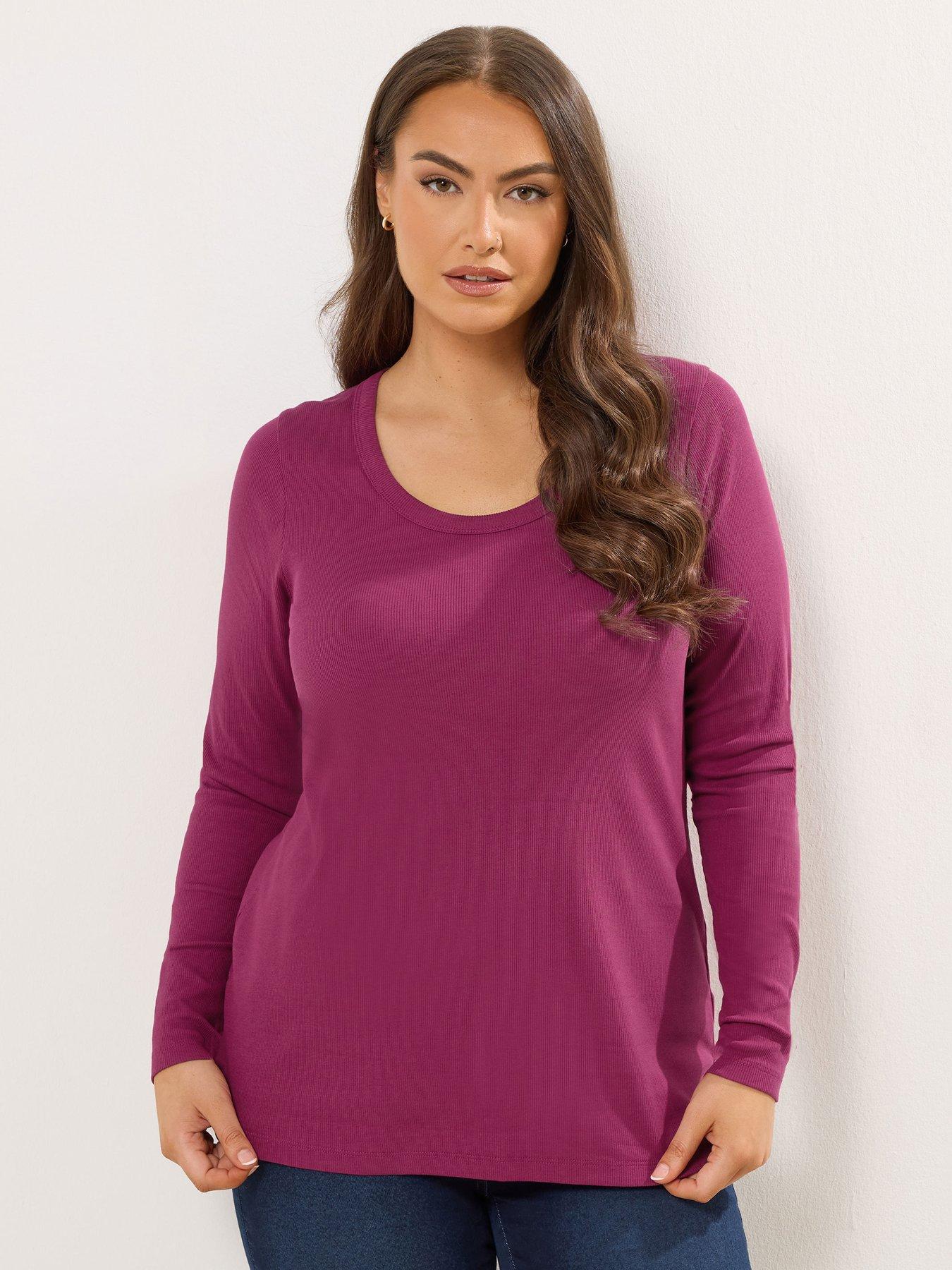 Yours Curve Rib Long Sleeve Scoop Top - Pink