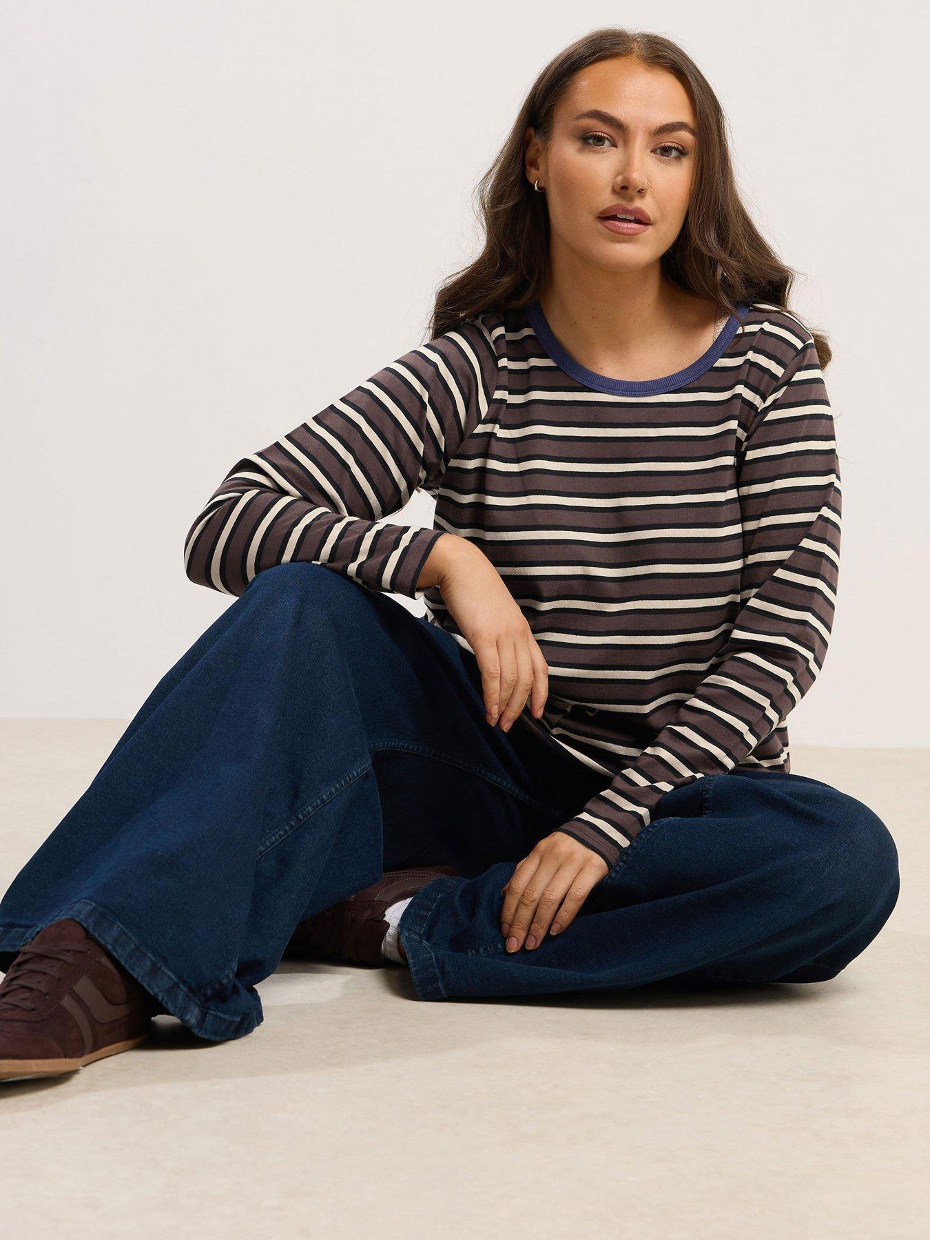 yours-curve-long-sleeve-stripe-top-brownfront
