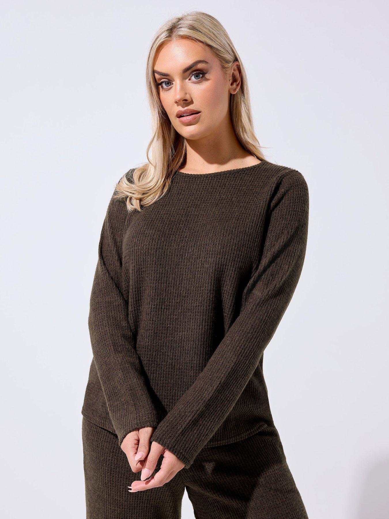 yours-curve-ribbed-long-sleeve-lounge-top-brownfront