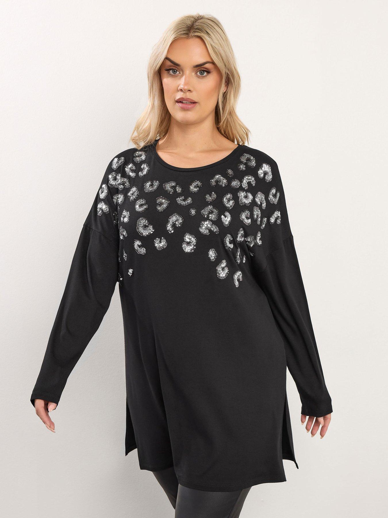 Yours Curve Leopard Sequin Top - Black