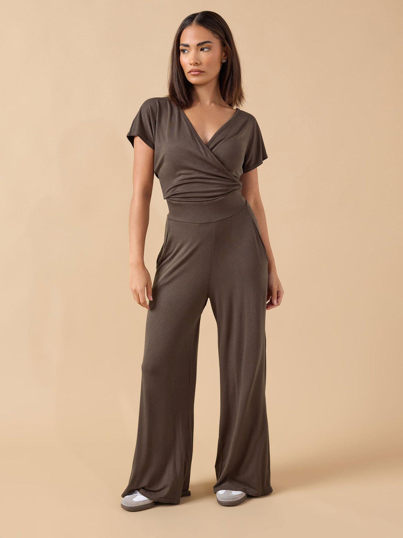 Image 1 of 4 of PixieGirl Petite Wrap Wide Leg Jumpsuit - Brown