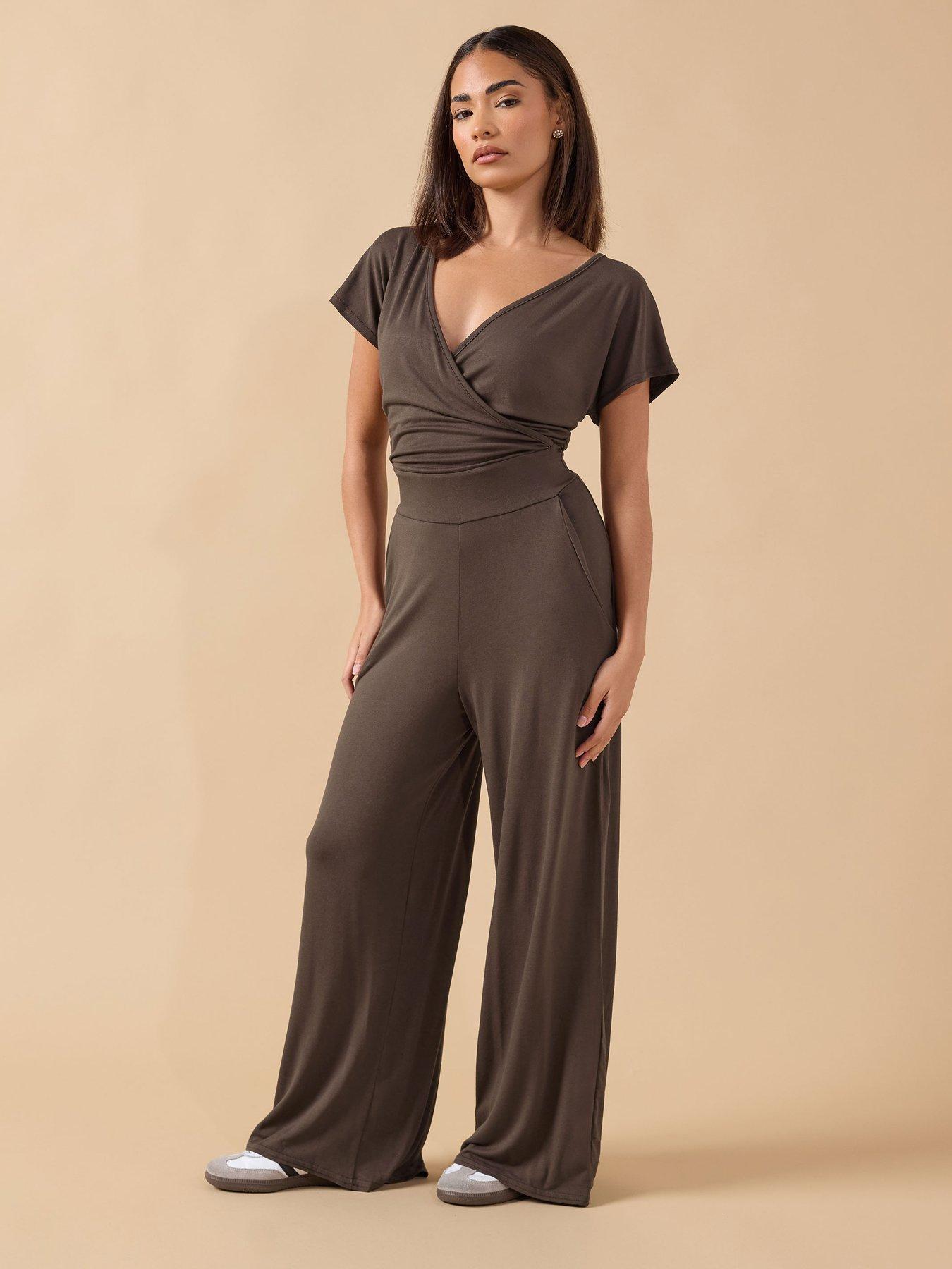 Image 3 of 4 of PixieGirl Petite Wrap Wide Leg Jumpsuit - Brown