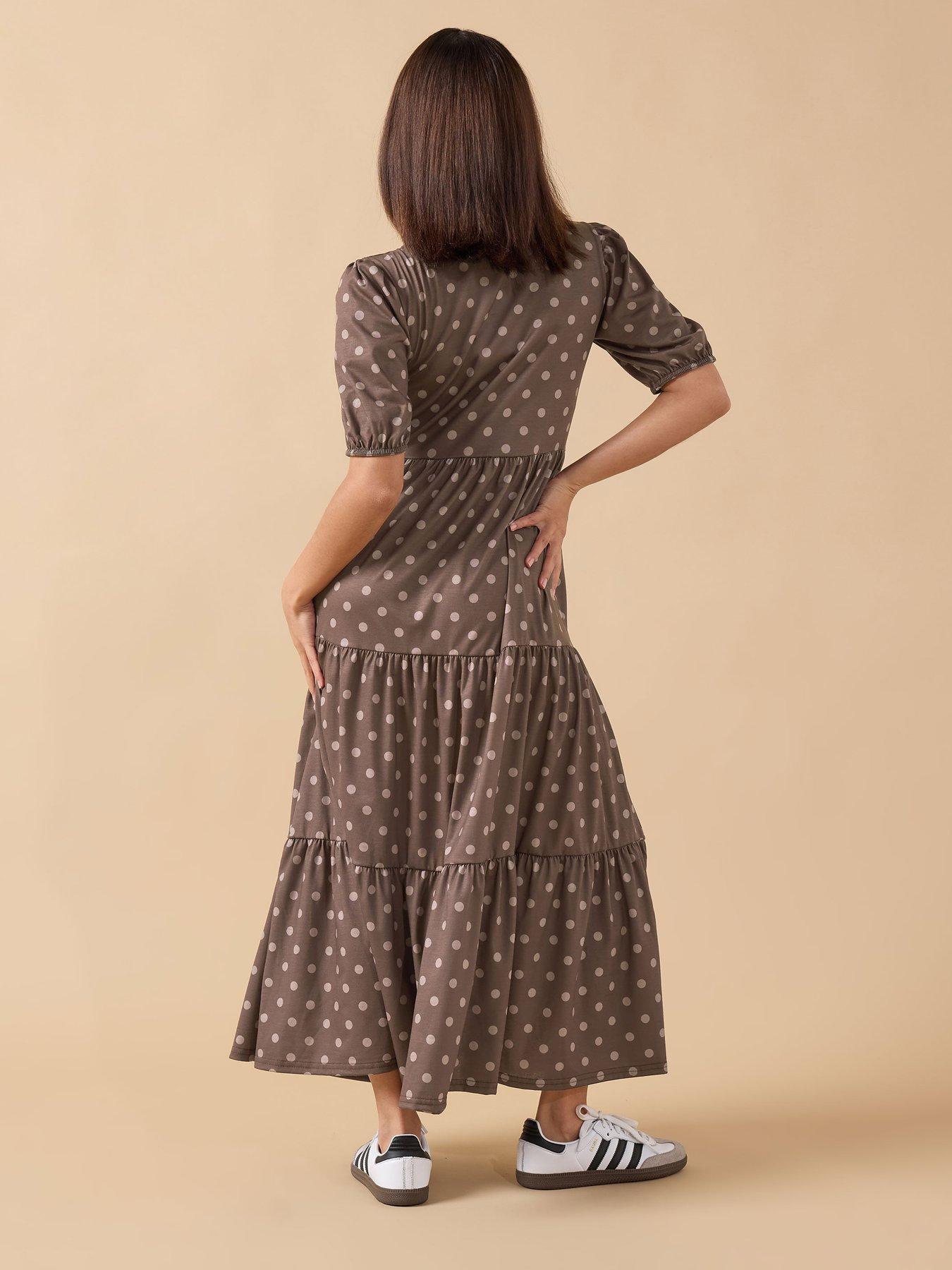 pixiegirl-petite-spot-tiered-midi-dress-brownstillFront