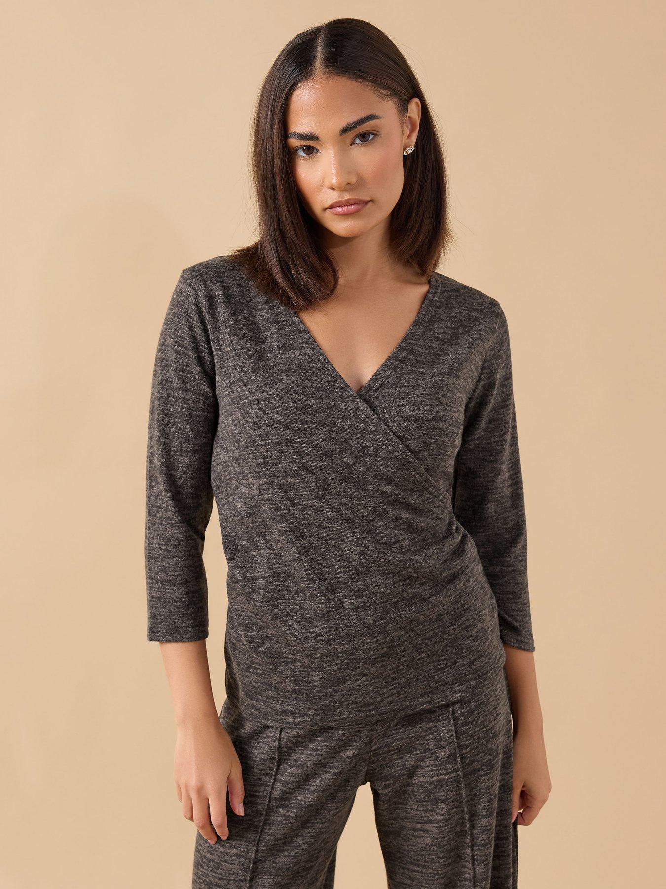 pixiegirl-petite-wrap-long-sleeve-top-brownfront