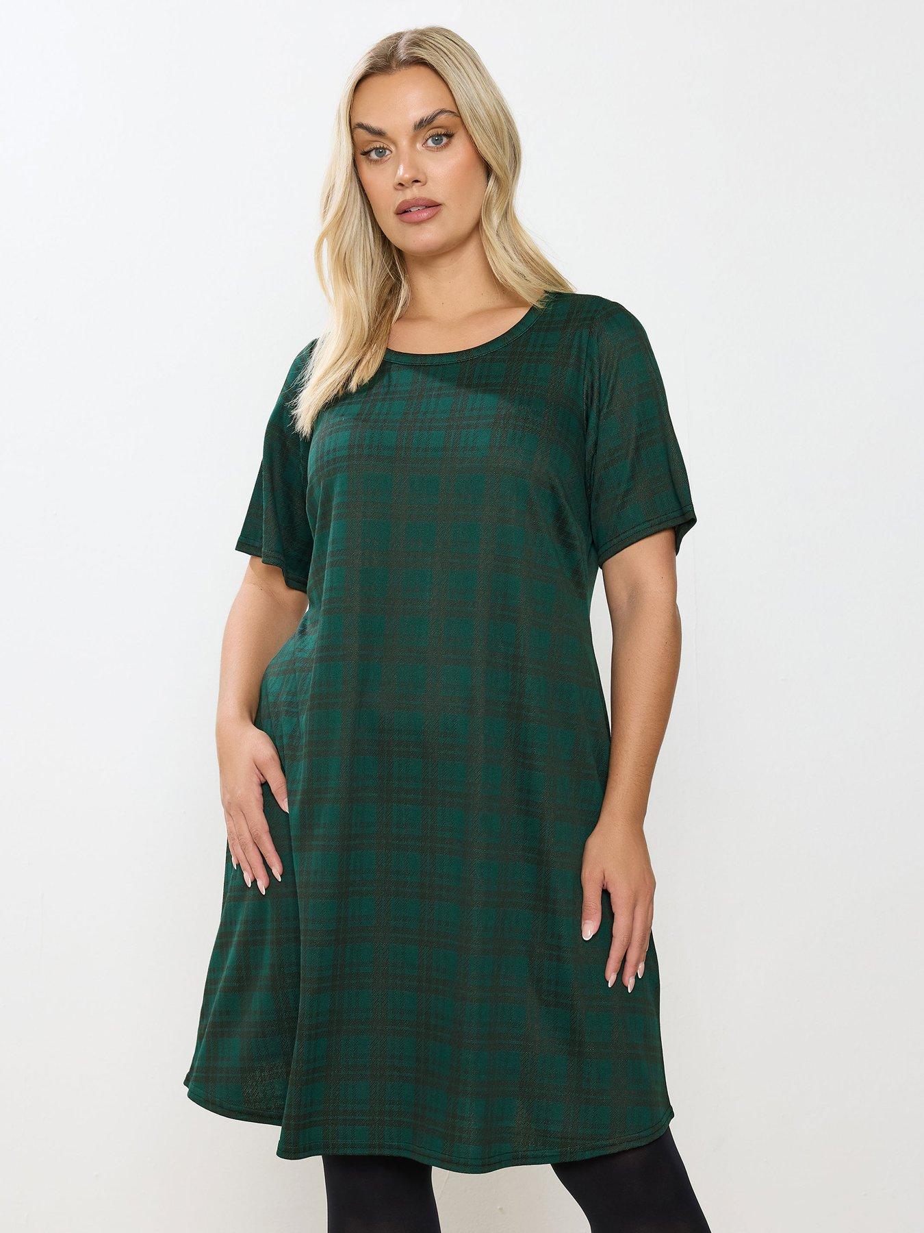 Yours Curve Check Flippy Dress - Green