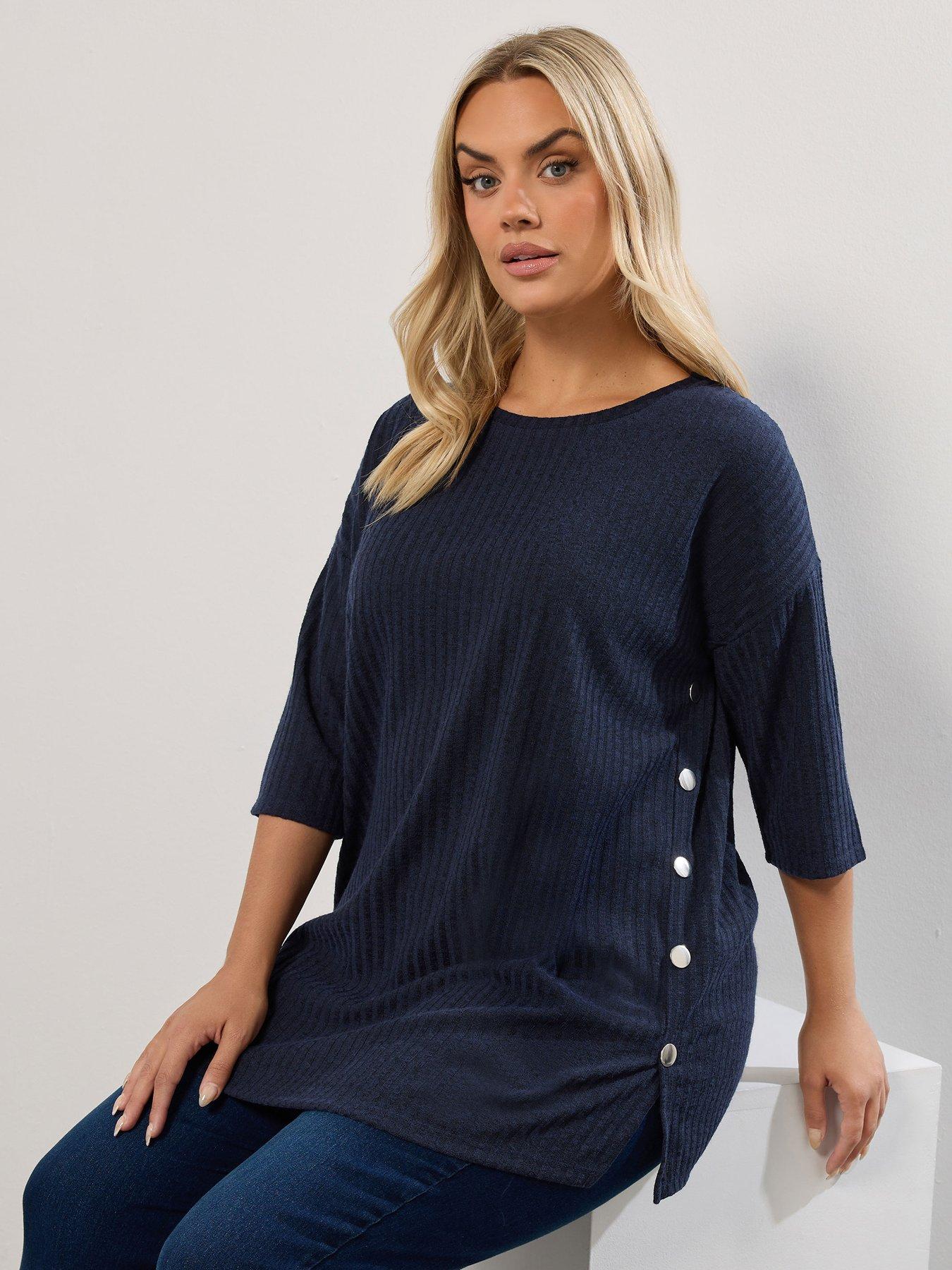 Yours Curve Side Button Ribbed Top - Blue
