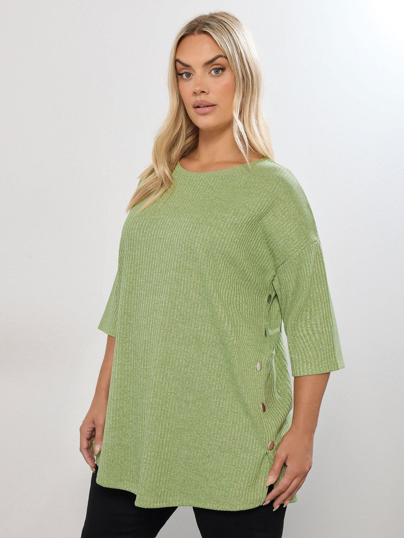 Yours Curve Side Button Ribbed Top - Green