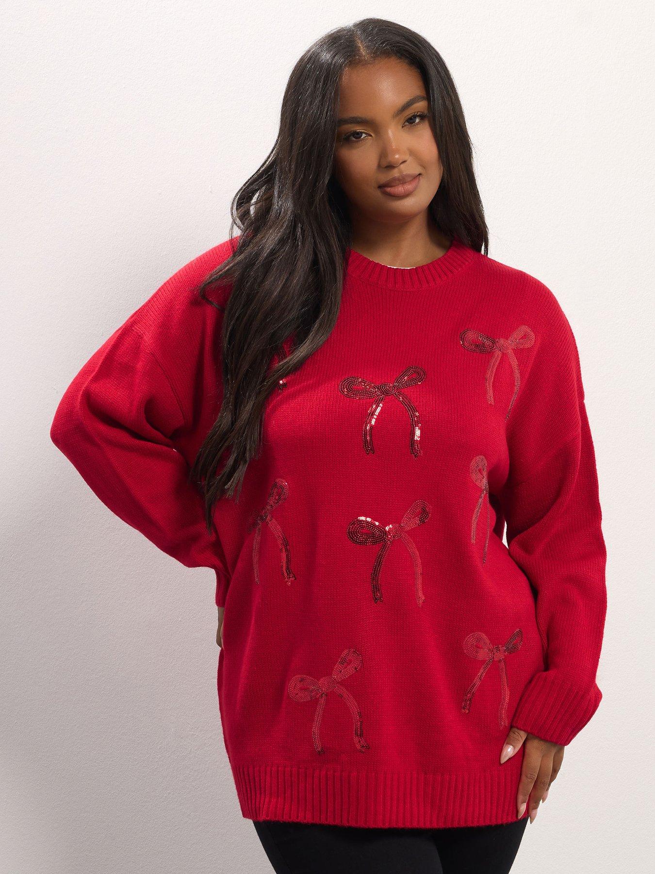 Yours Curve Novelty Bow Jumper - Red