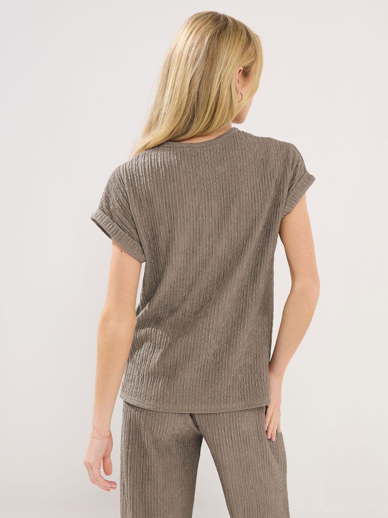 pixiegirl-petite-short-sleeve-textured-top-brownstillFront