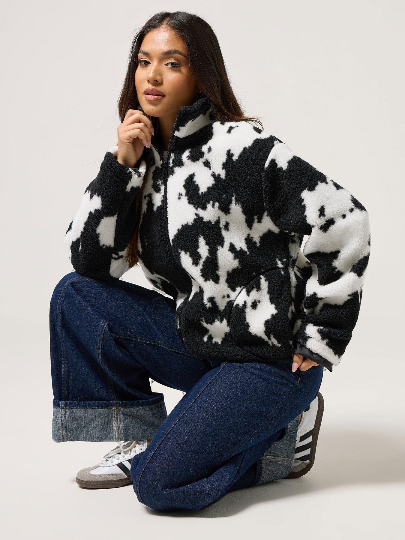 pixiegirl-petite-cow-print-zip-through-borg-jacket-black