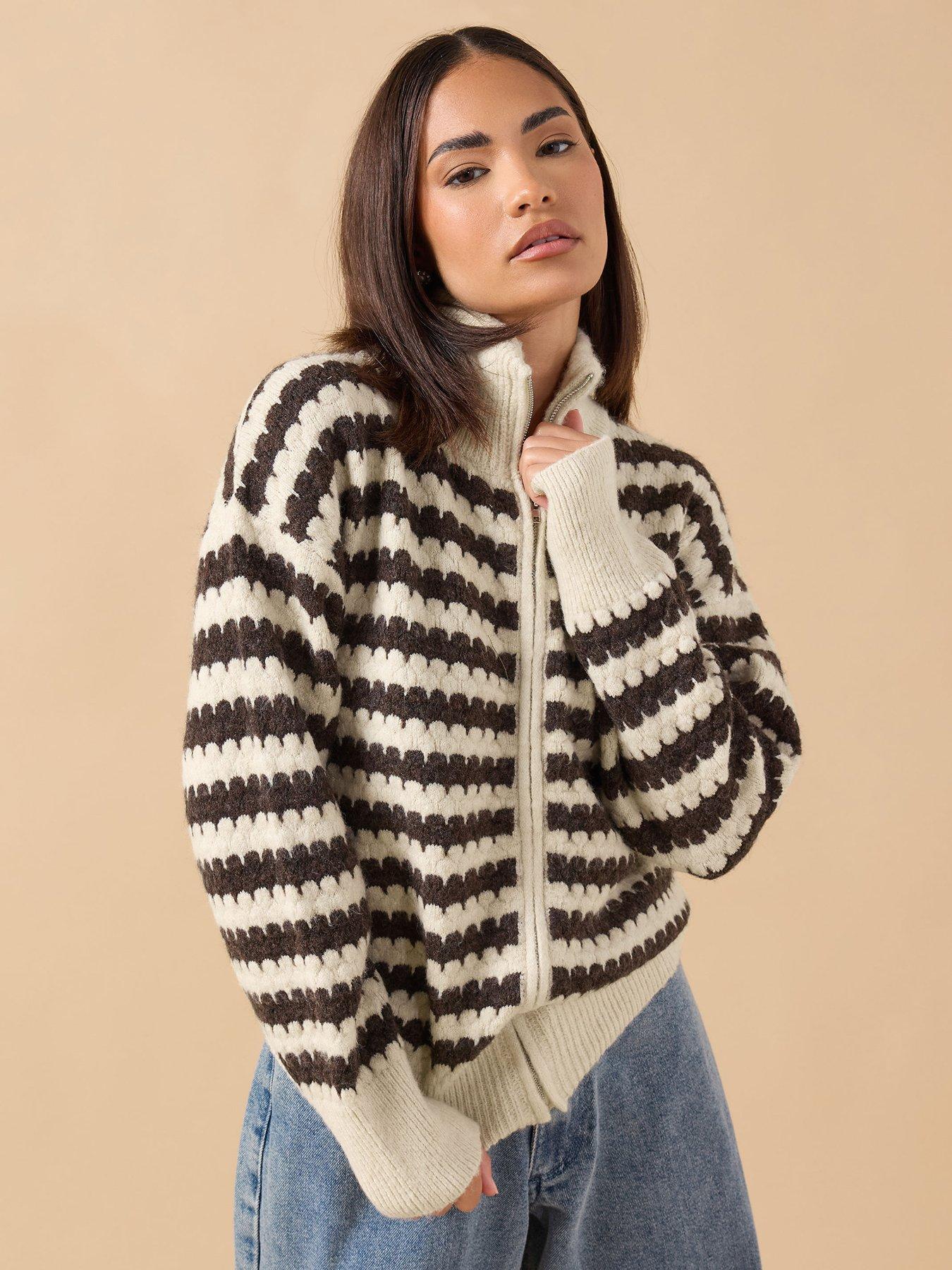 pixiegirl-petite-scallop-stripe-zip-bomber-cardigan-brownfront