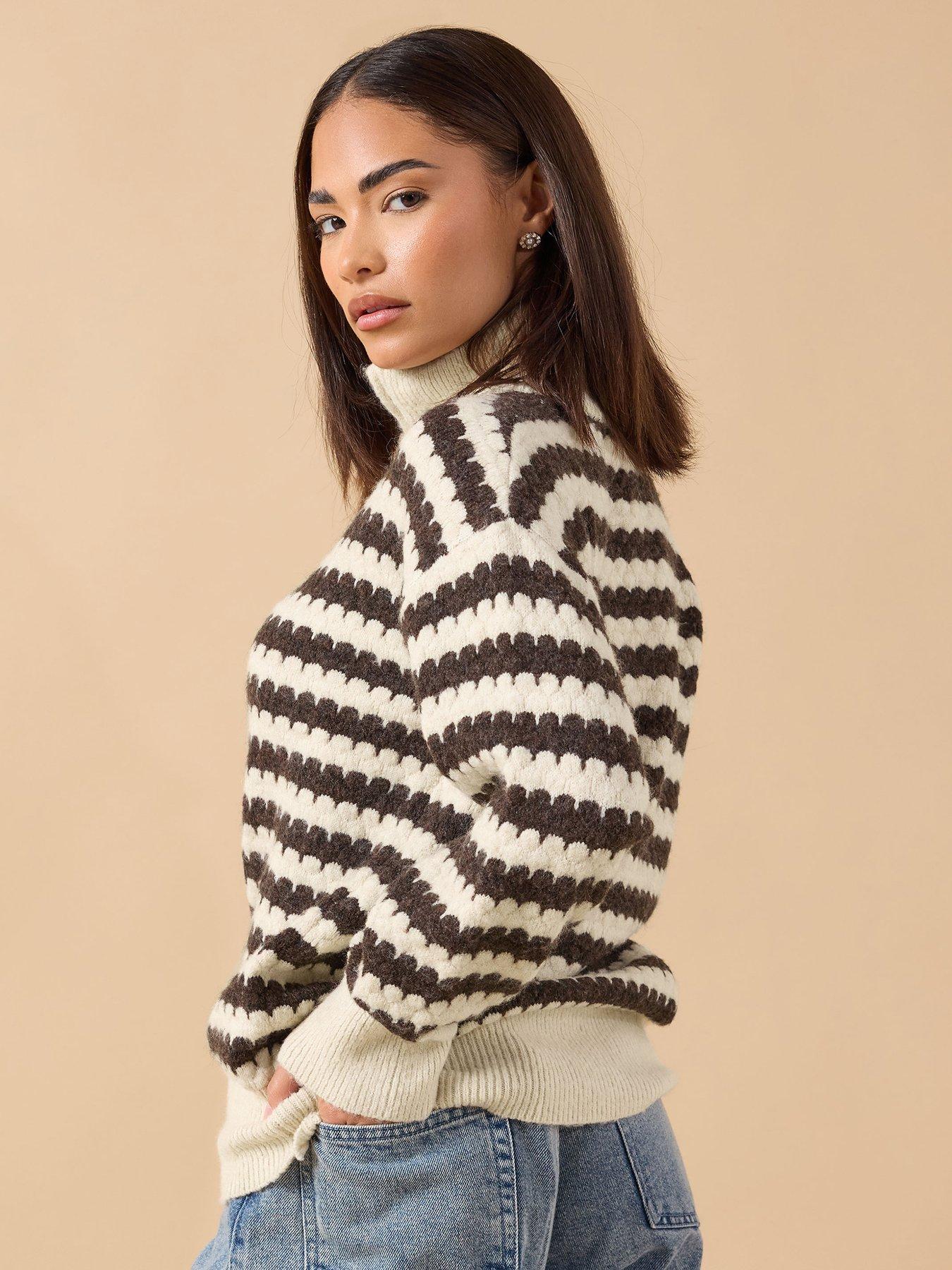 pixiegirl-petite-scallop-stripe-zip-bomber-cardigan-brownstillFront