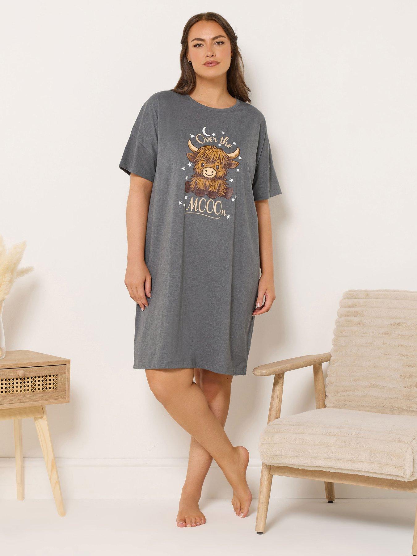 Image 1 of 4 of Yours Curve Highland Cow Sleeptee Nightdress - Grey