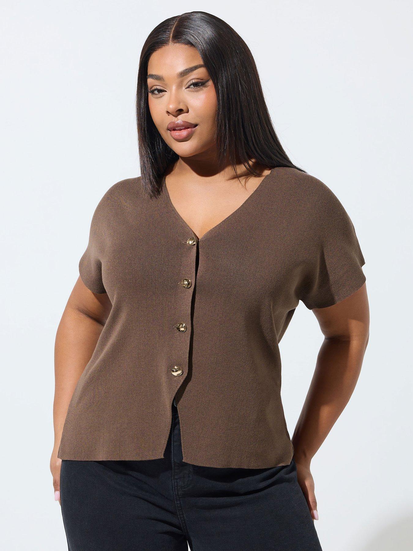 Yours Curve Short Sleeve Knitted Top - Brown