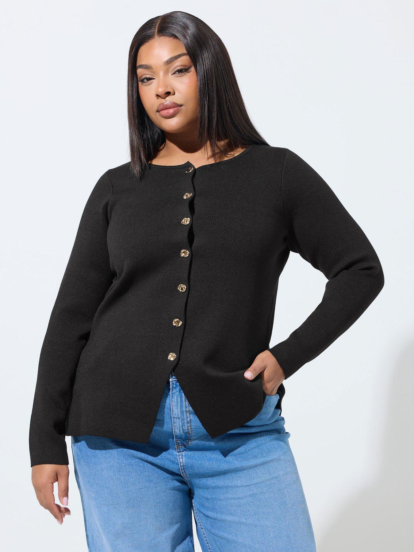 Yours Curve Long Sleeve Button Knit Top - Black