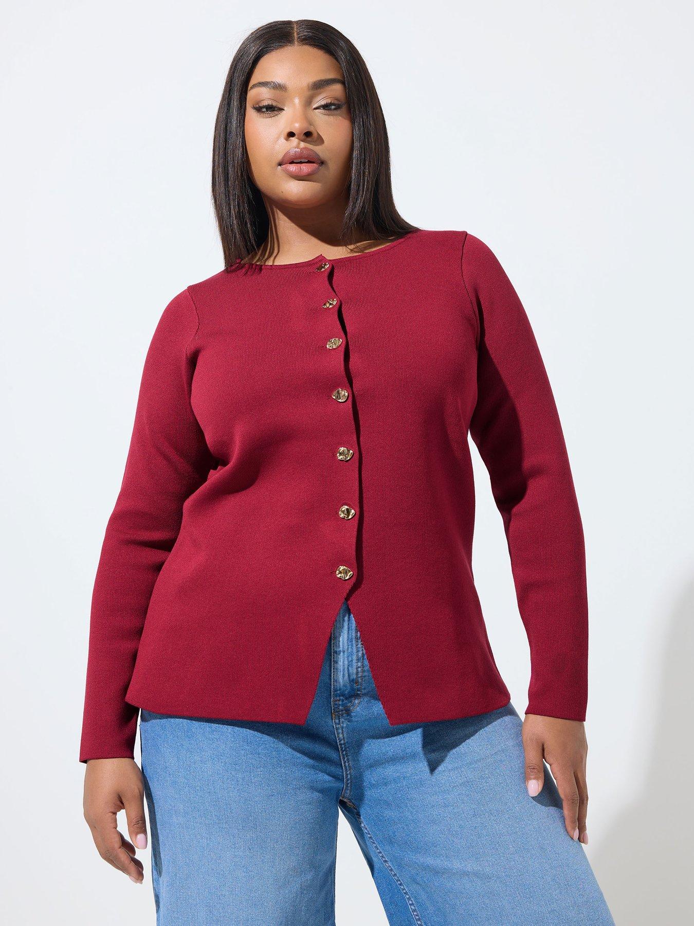 Yours Curve Long Sleeve Button Knit Top - Red