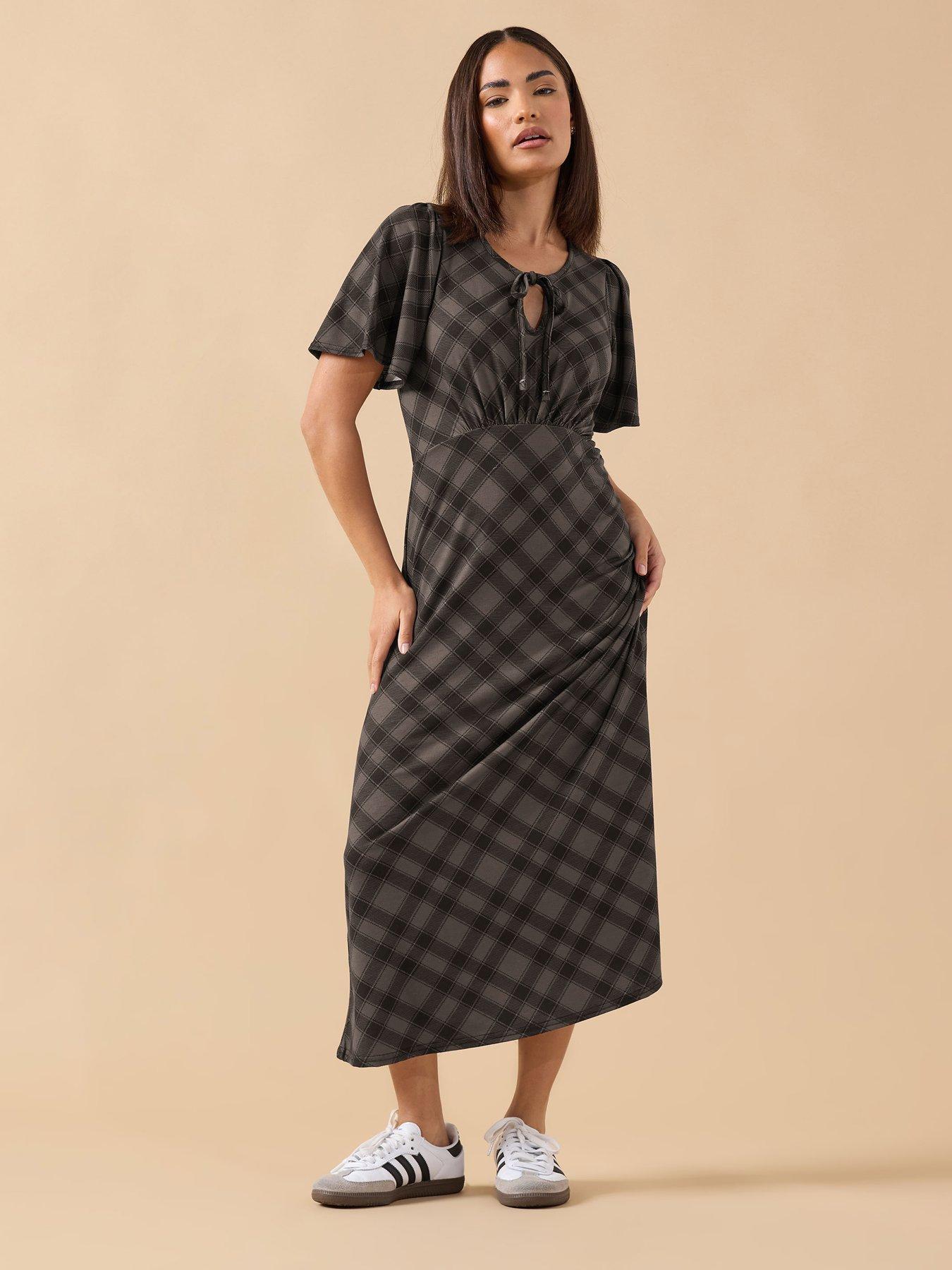 Image 1 of 4 of PixieGirl Petite Check Tie Front Midi Dress - Brown