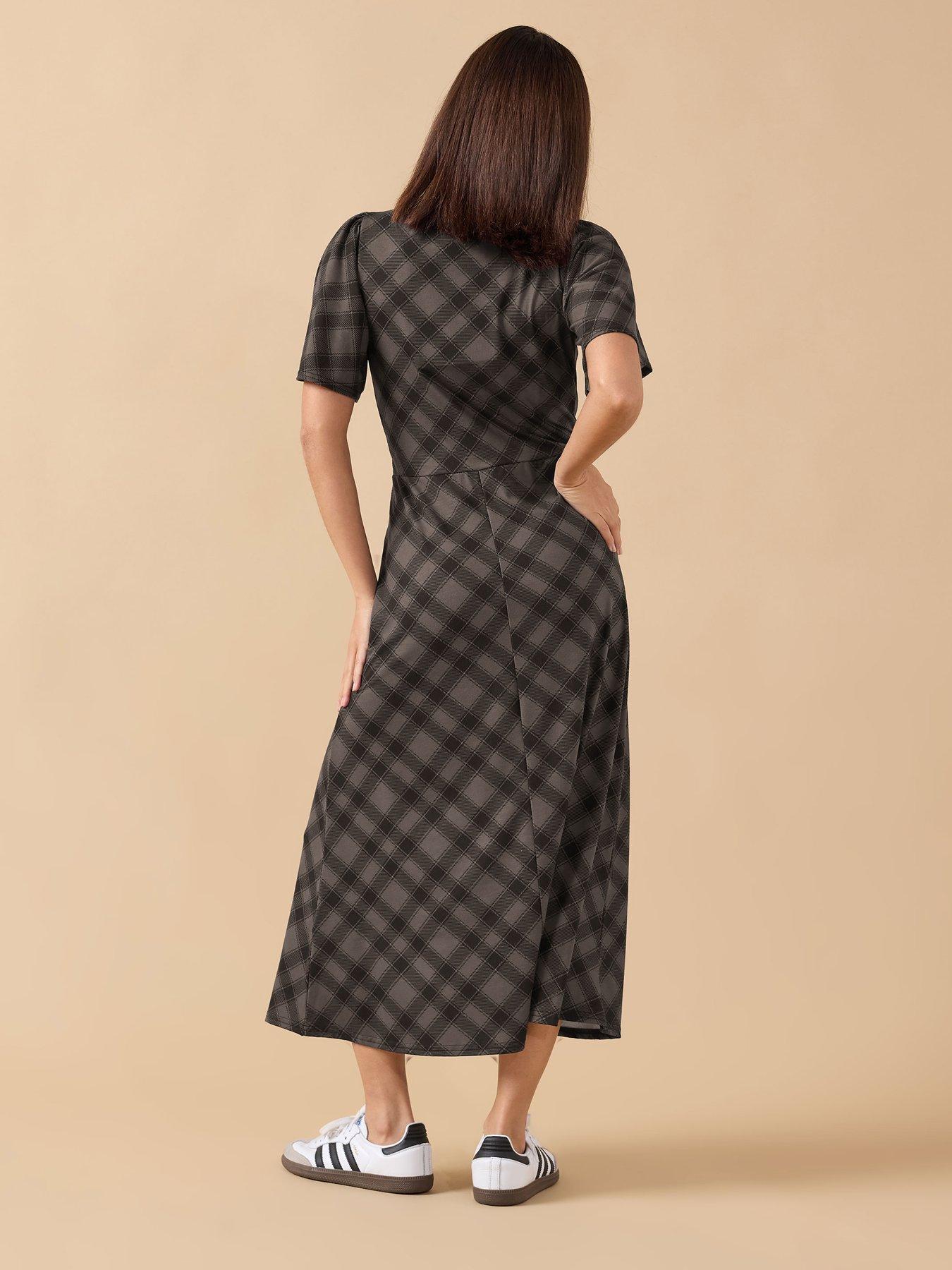 Image 2 of 4 of PixieGirl Petite Check Tie Front Midi Dress - Brown