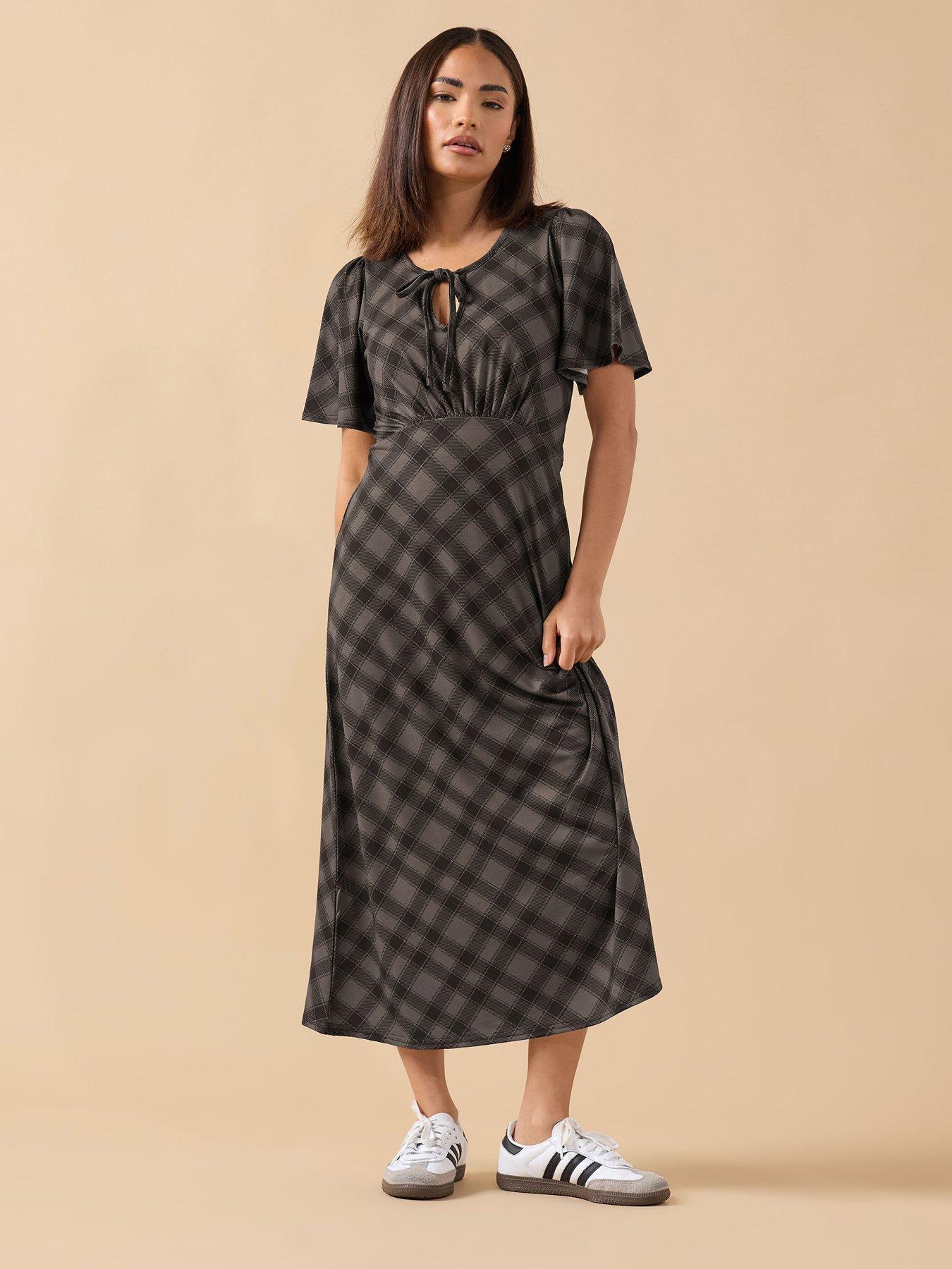 Image 3 of 4 of PixieGirl Petite Check Tie Front Midi Dress - Brown
